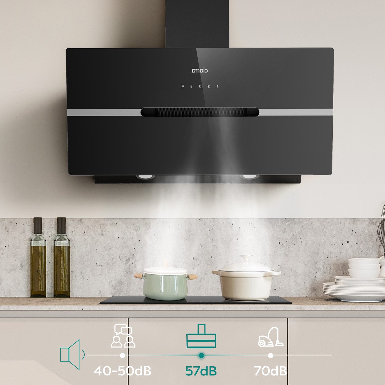 CIARRA Kopffreihaube 90 cm Dunstabzugshaube A+++ 683 m³/h starke Saugleistung LED VMB9736F Serie 4 Stufen Inkl. BOOST Leise Schräghaube WIFI-APP Touch Control U – Bild 4 von 5