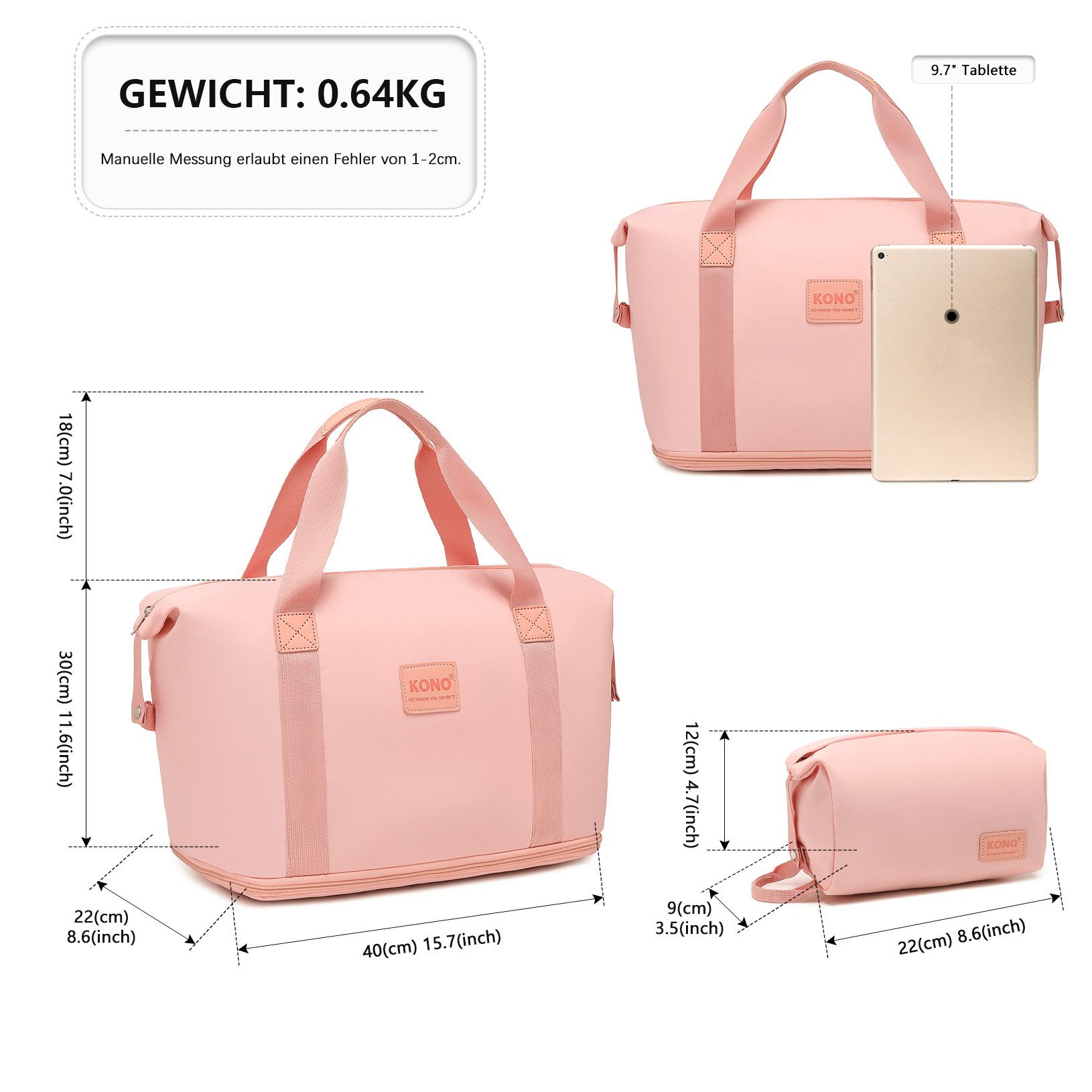 KONO Reisetasche 2-in-1 Set: Erweiterbare Handgepäck-Tasche (36L) + Kosmetiktasche, Praktisches und leichtes Design