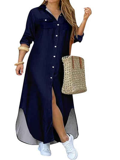 KIKI Blusenkleid Damen Langarm Revers Knopf Bedrucktes Hemdkleid mit Revers Saum