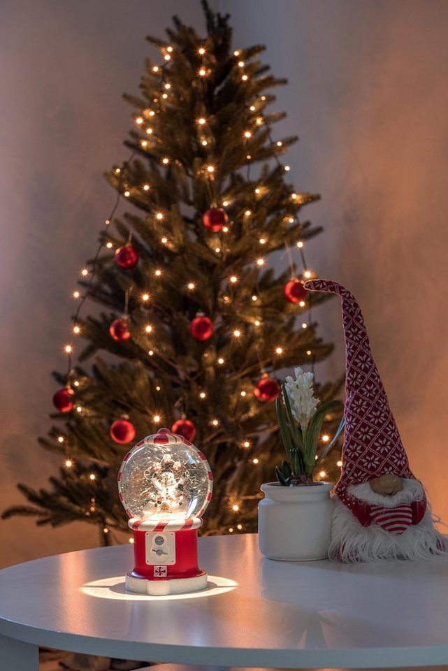 KONSTSMIDE LED Laterne Süßigkeitenautomat mit 3 Schneemännern,  Weihnachtsdeko, LED fest integriert, Warmweiß, mit 5h-Timer, wassergefüllt,  1 warm weiße Diode