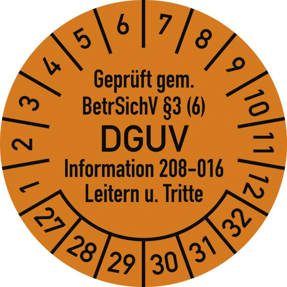 Hinweisschild Prüfplakette Geprüft...BetrSichV...DGUV,2027-2032,Dokumentenf.,Ø30 mm