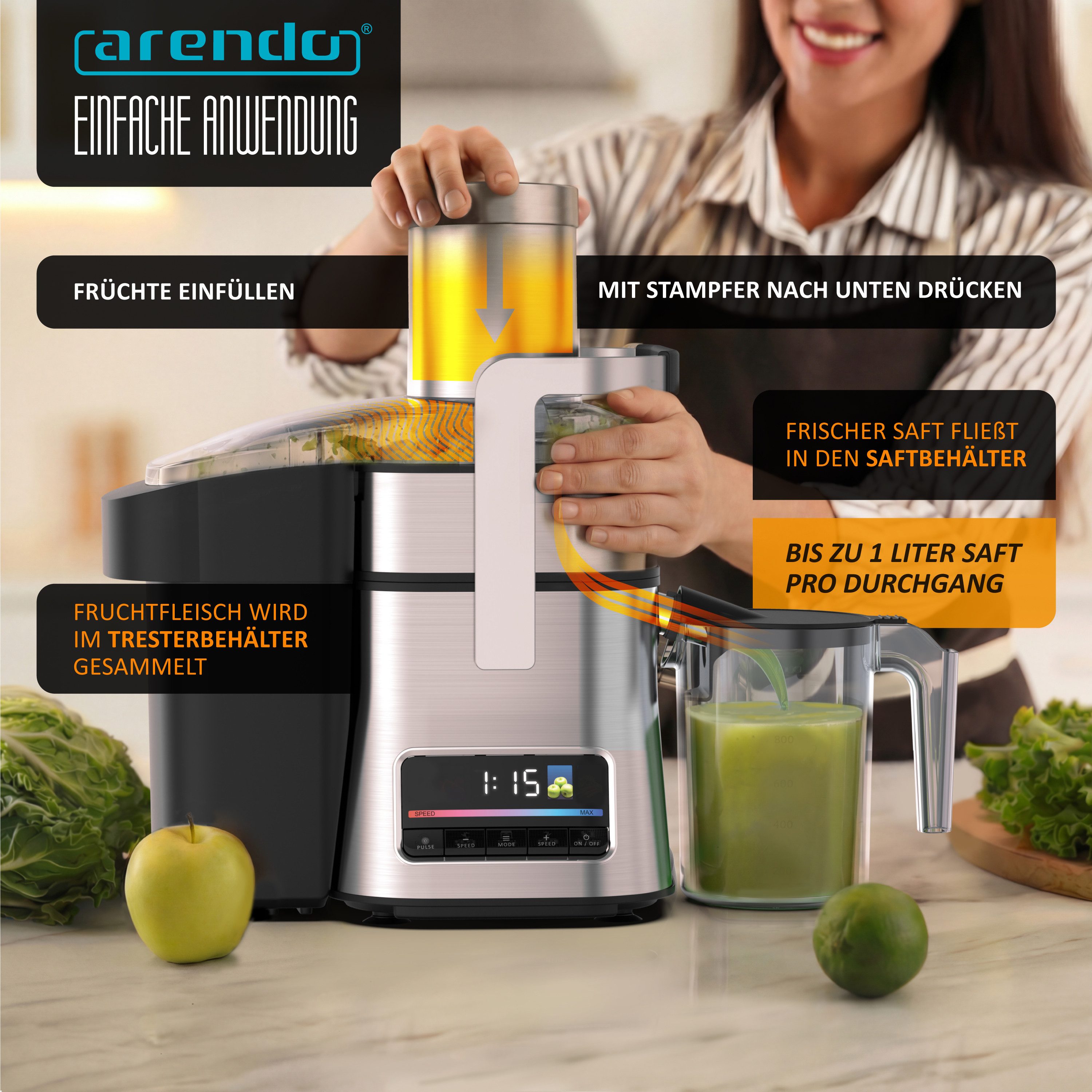 Arendo Zentrifugenentsafter Zentrifugaler Edelstahl digital Entsafter, Obst & Gemüse, Farbdisplay, 1000 W, 1 L Saftbehälter, Automatikprogramme, Touch-Display, BPA-frei