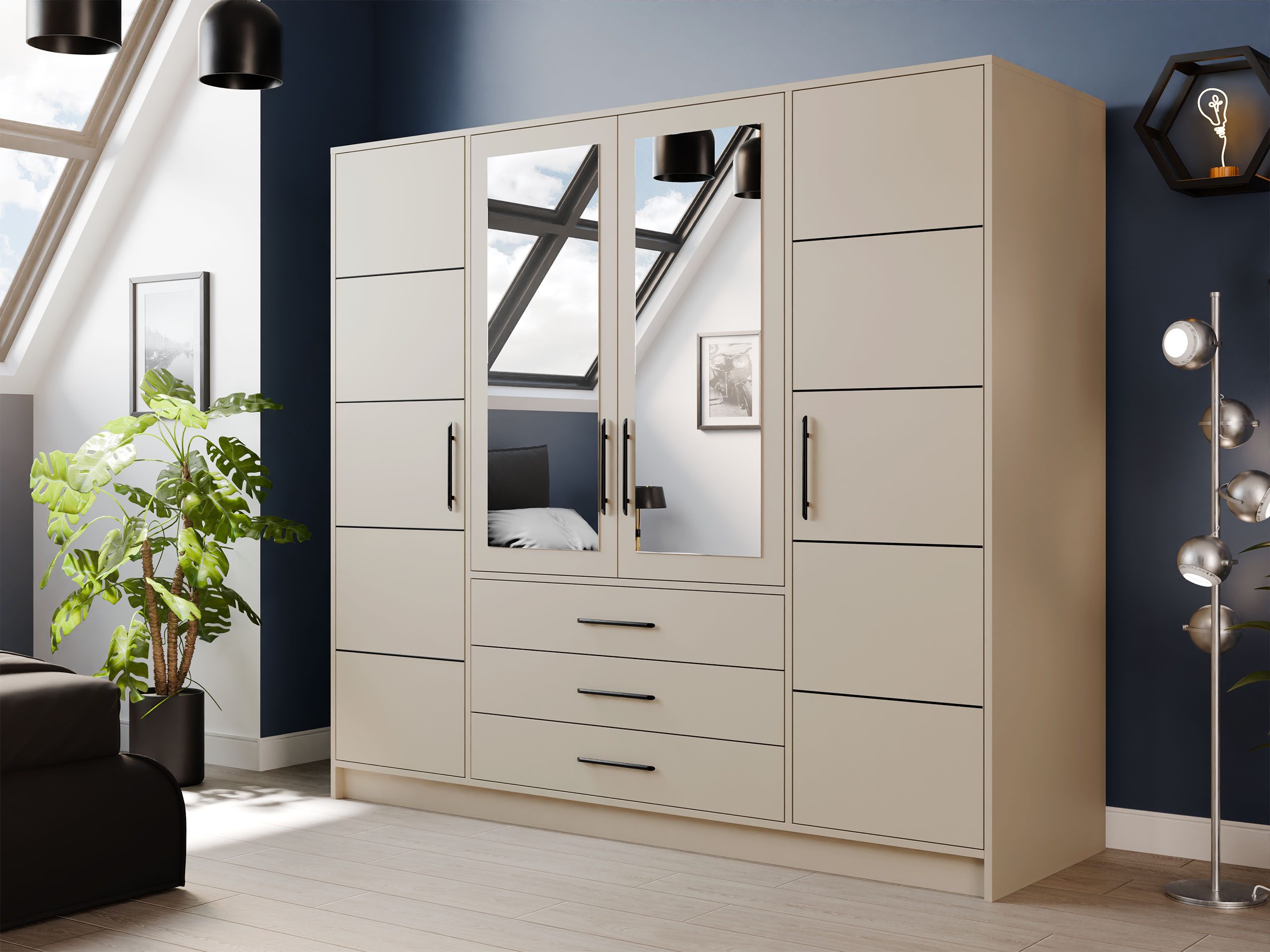 MIRJAN24 Kleiderschrank Bali 4D (mit Drehtüren, Spiegel und Schubladen) Schrankaufsatz als Option