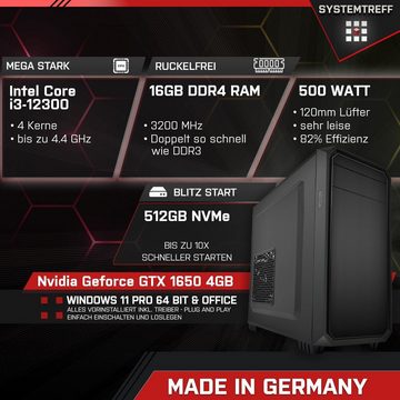 SYSTEMTREFF PC (Intel Core i3 12300, GeForce GTX 1650, 16 GB RAM, 512 GB SSD, Luftkühlung, Windows 11, WLAN)