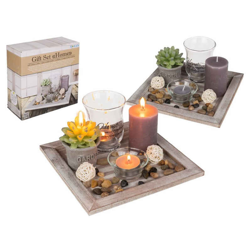 ReWu Teelichthalter mit Tablett Eckiger Dekoteller, 20 x 20 cm, Geschenkset mit Kerzen und Dekoration