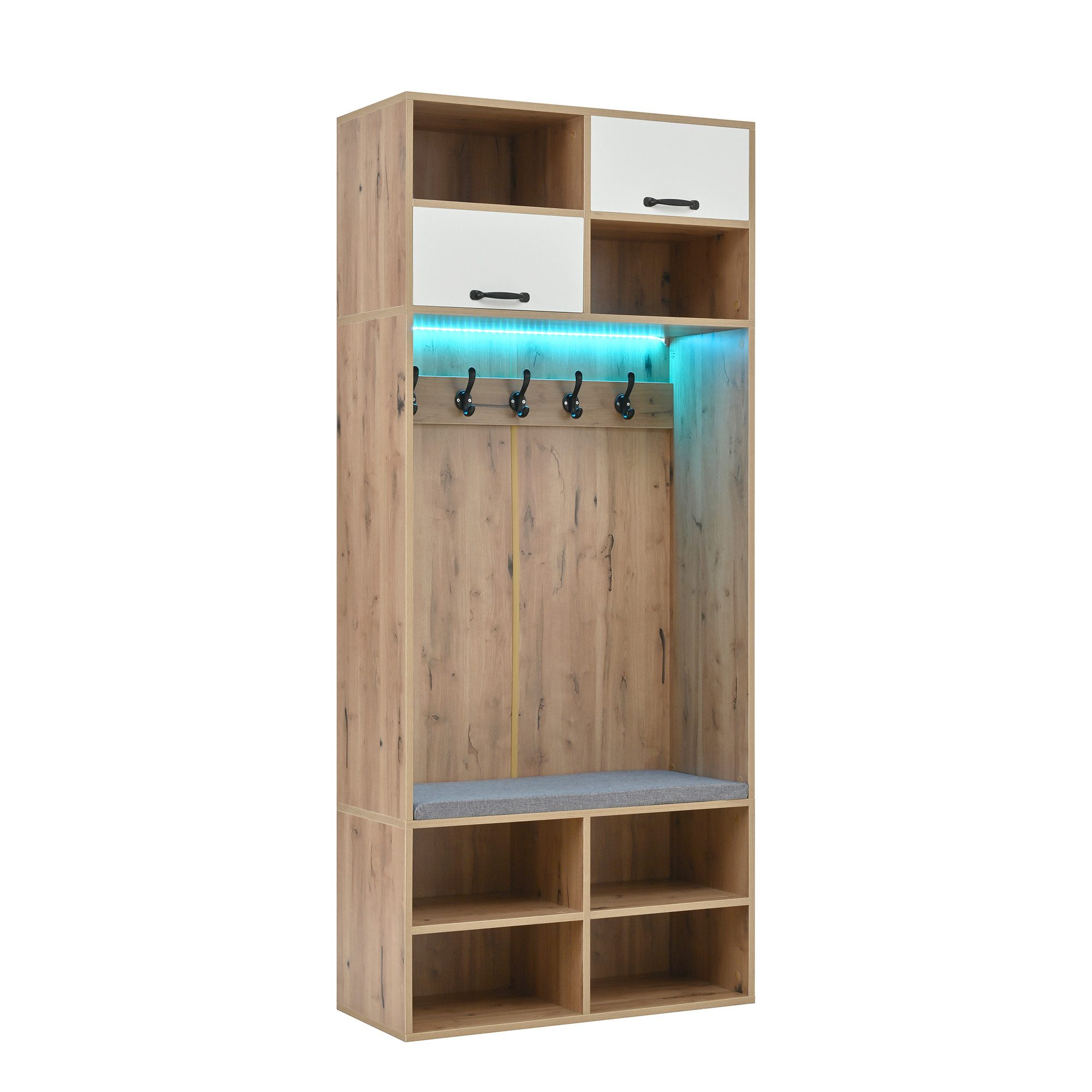 Flieks Garderoben-Set mit LED-Beleuchtung, Kleiderhaken, Schuhschrank und Sitzbank, (Holzoptik, 1-St., 80×185×35 cm (B×H×T), Garderobenständer mit Schuhregal, S – Bild 5 von 5