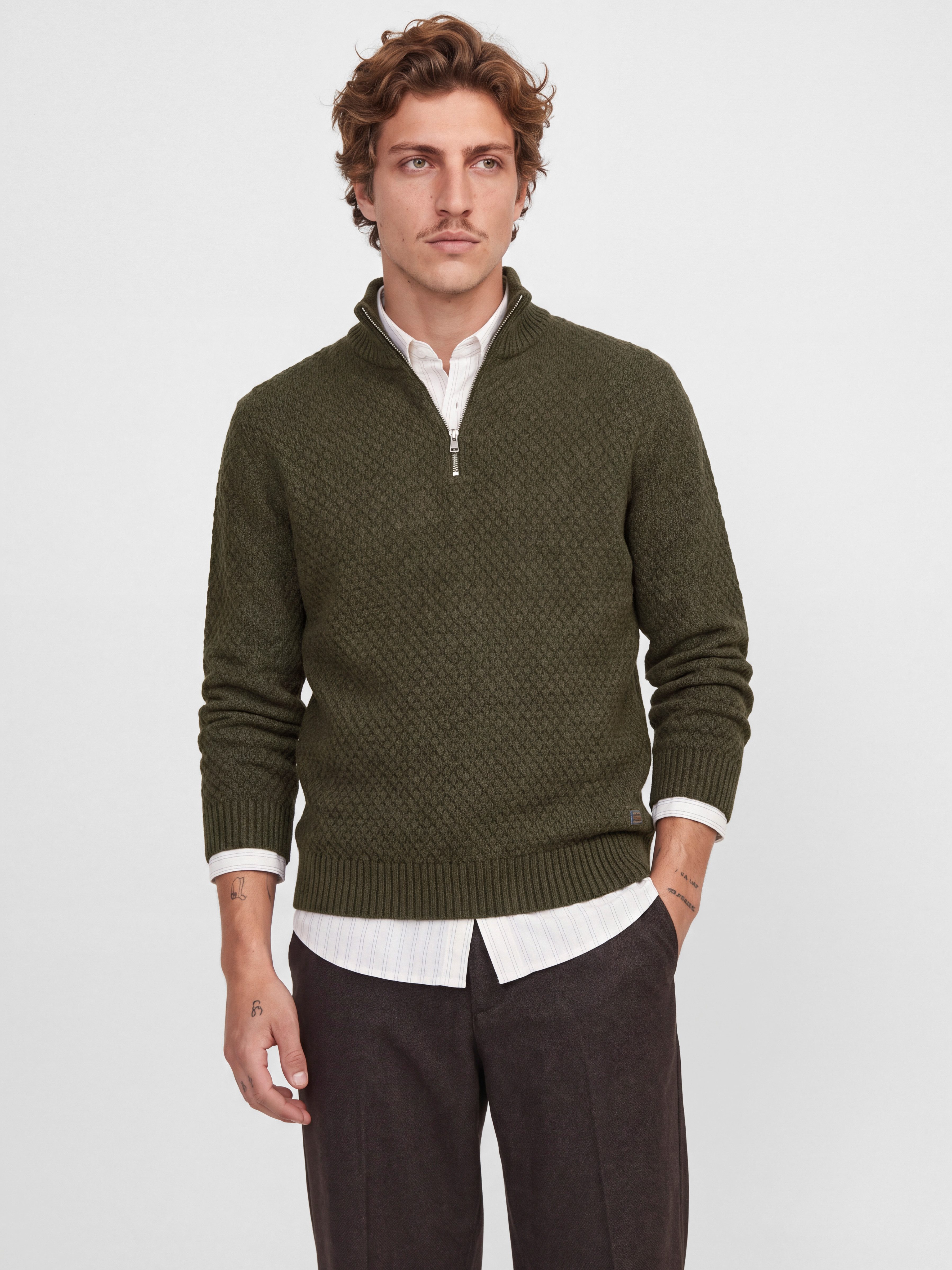 Jack & Jones Troyer JJBLAKE KNIT HALF ZIP Materialmix, locker geschnitten