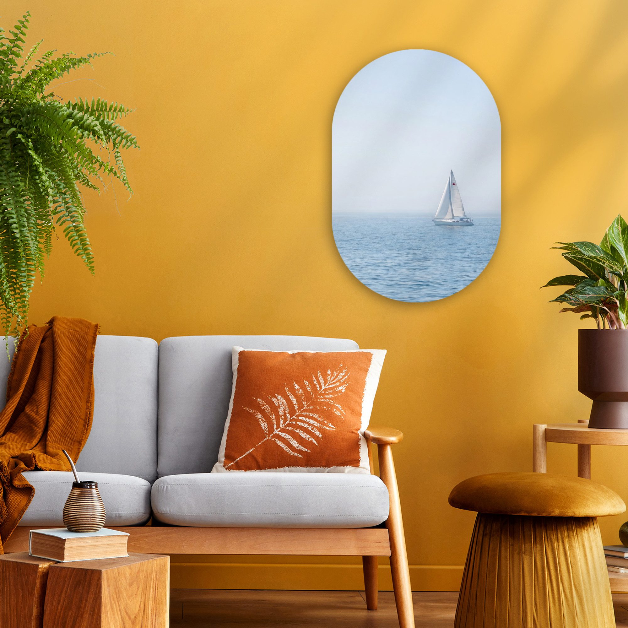 MuchoWow Gemälde Horizont - Segelboot - Meer, Fotodruck (1 St), Wandbild Oval, Wohnzimmer oder Schlafzimmer Wanddekoration, 40x60 cm