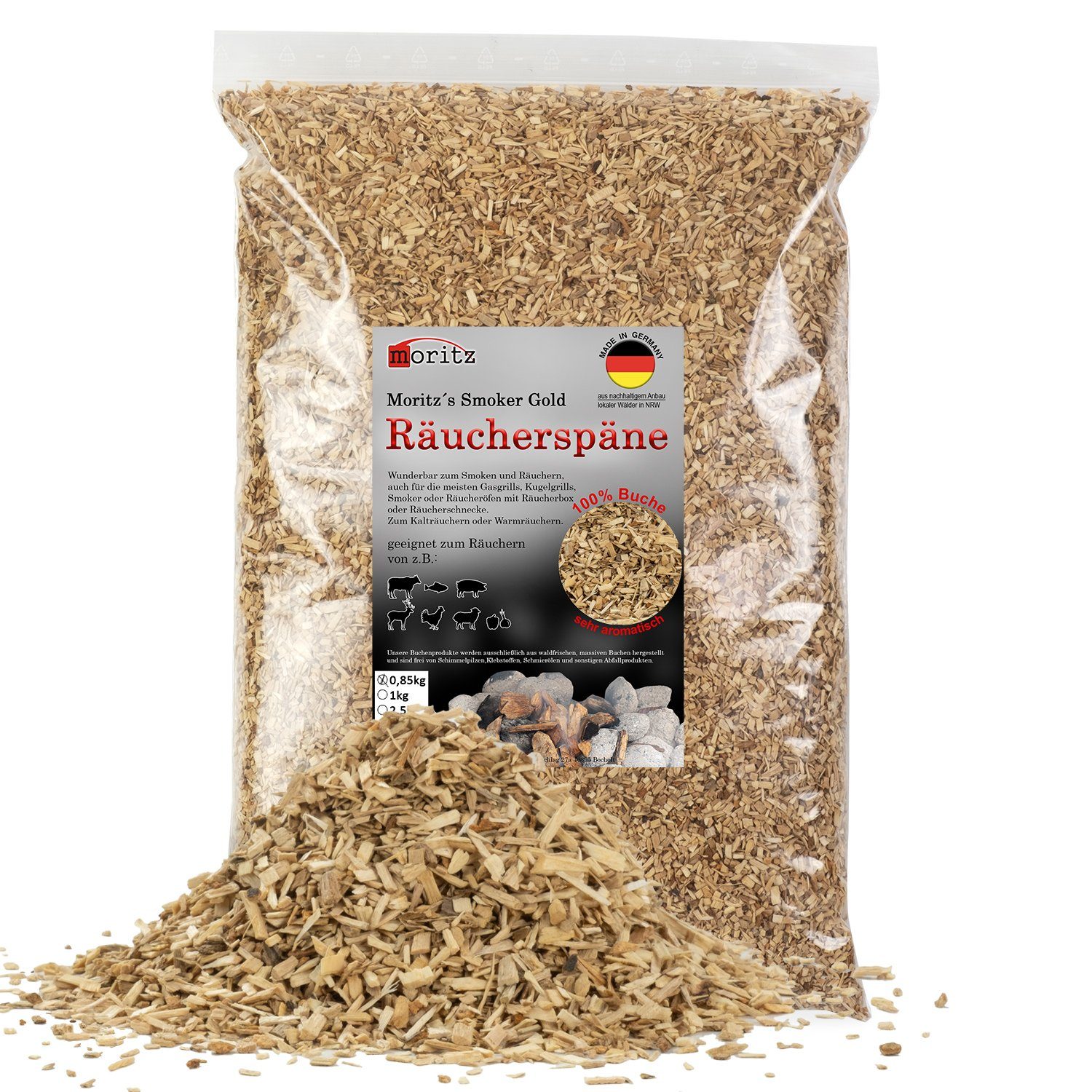 Moritz Räucherbox 0,85kg Räucherspäne Buche fein 0,75 -2 mm zum smoken, räuchern/kalträuchern von Fleisch, Fisch, Gemüse geeignet