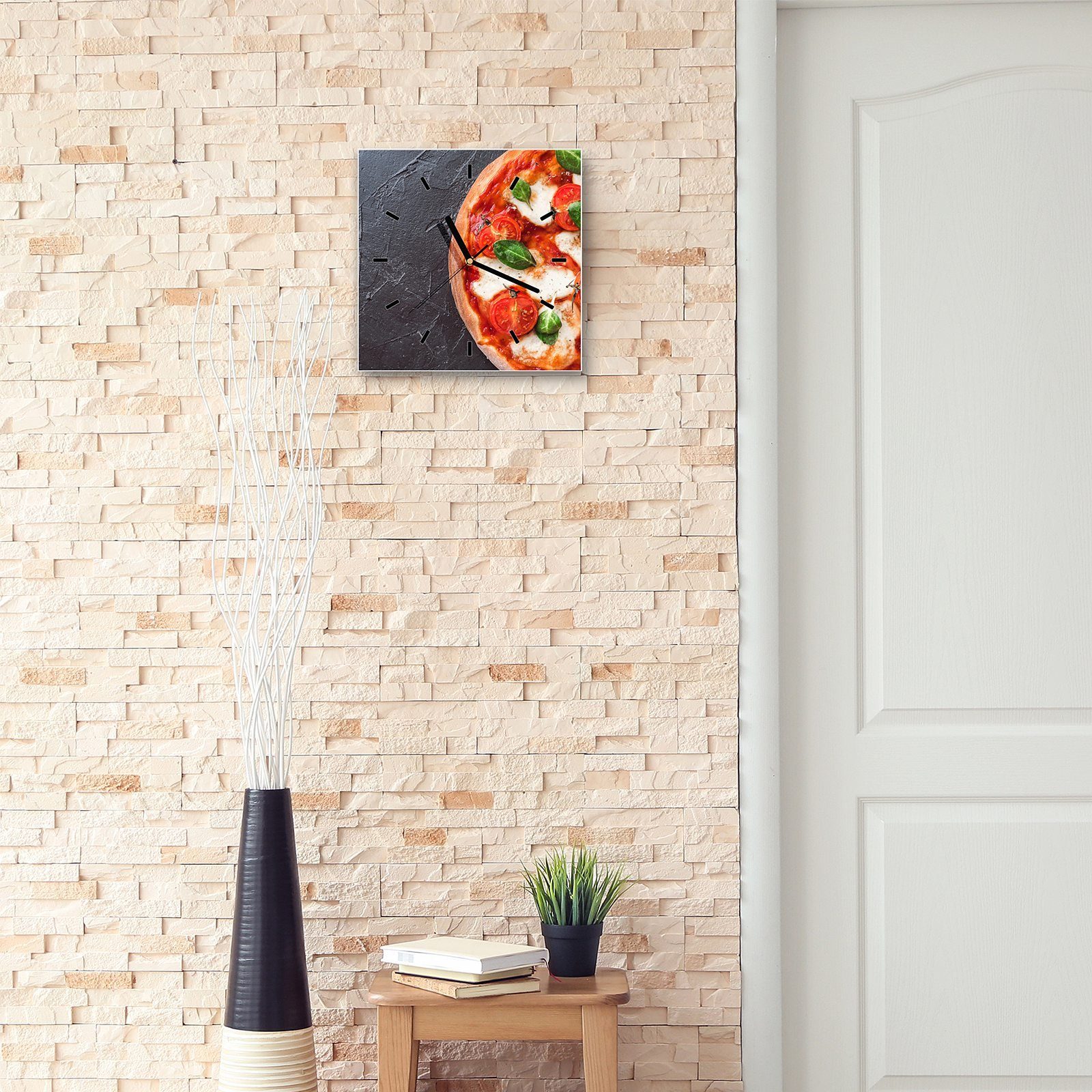 mit Glasuhr Größe Motiv Pizzadreiecke Wanduhr Primedeco 30 x Wanduhr Wandkunst 30 cm