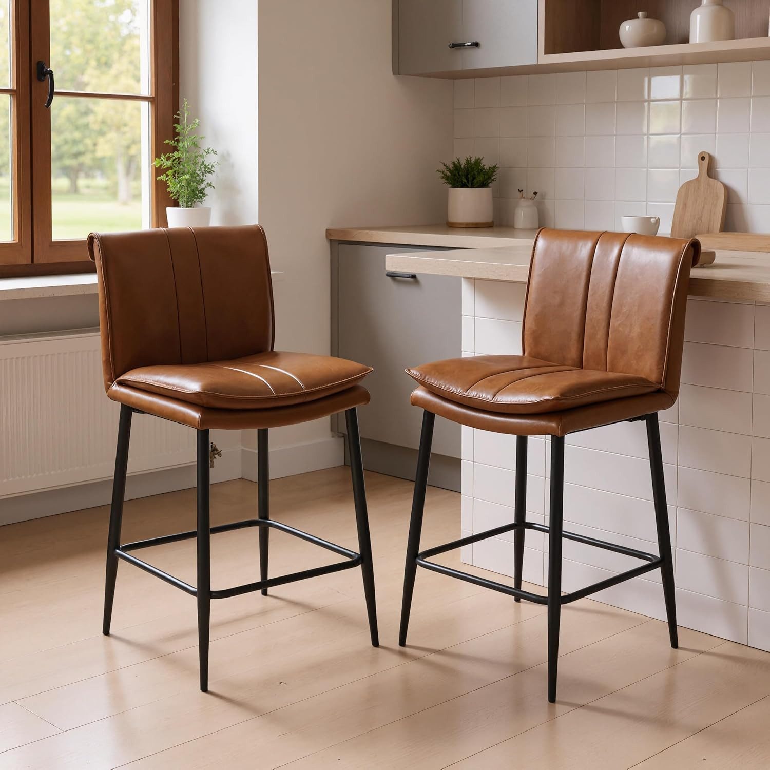 CHAIRUS Barhocker mit Rückenlehne, 2er Set Kunstleder, Braun (2 St), 10 cm höhenverstellbar