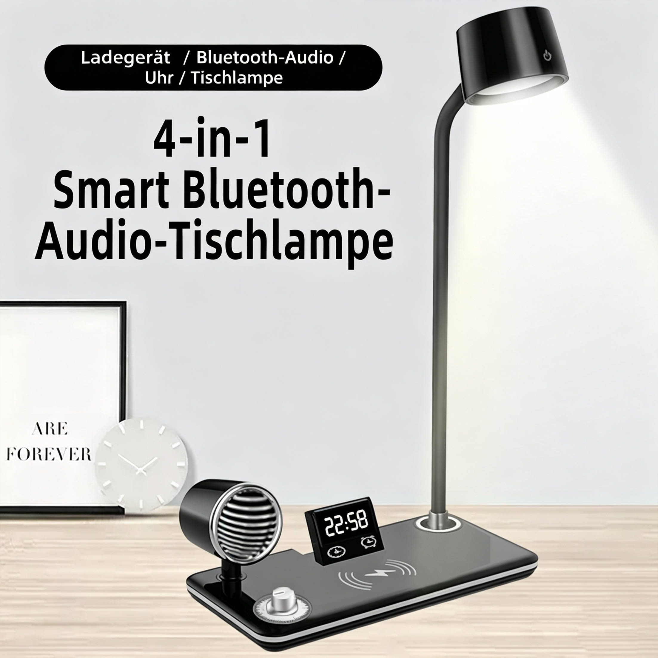KINSI LED Schreibtischlampe LED Schreibtischlampe mit Bluetooth Lautsprecher, Qi Ladestation, LED fest integriert, Flexibler 360° Lampenkopf, Drei Lichtfarben, Digitaluhr und Wecker
