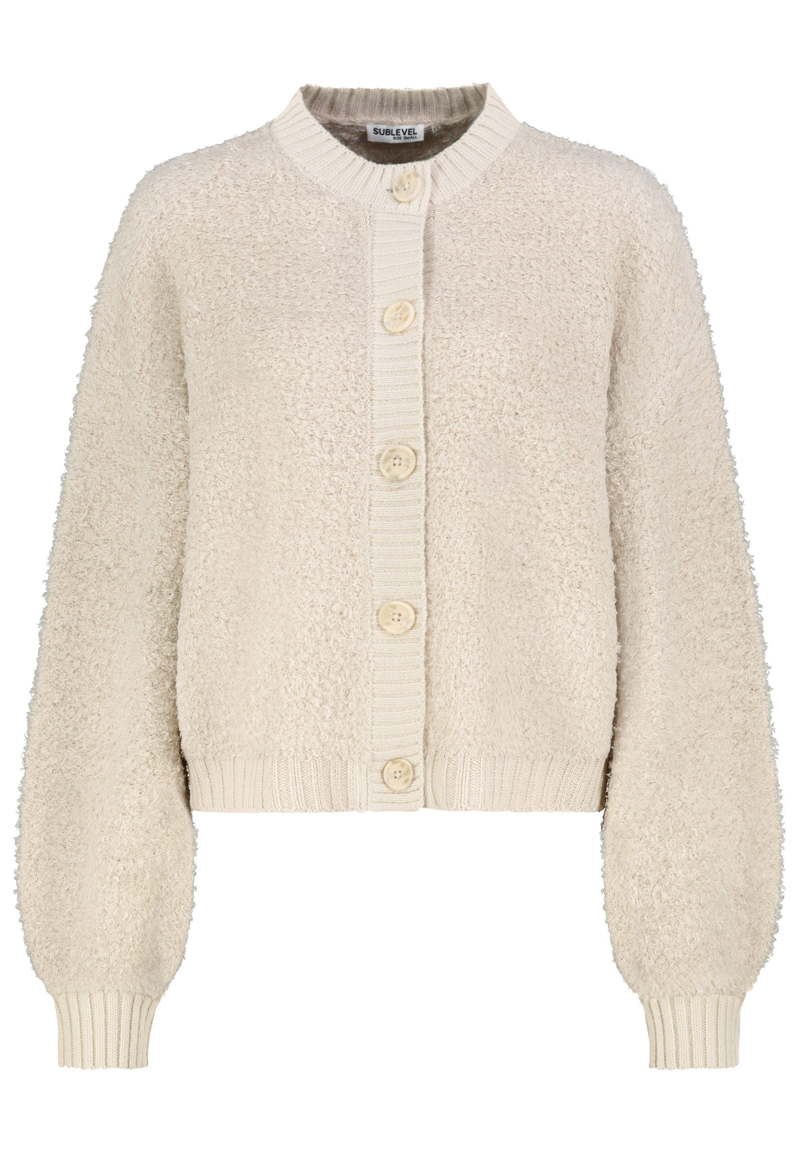 SUBLEVEL Cardigan Schlingengarn Ballonärmel Knopfleiste für Damen (1-tlg) Schlingengarn, Ballonärmel, Knopfleiste, Rippabschlüsse