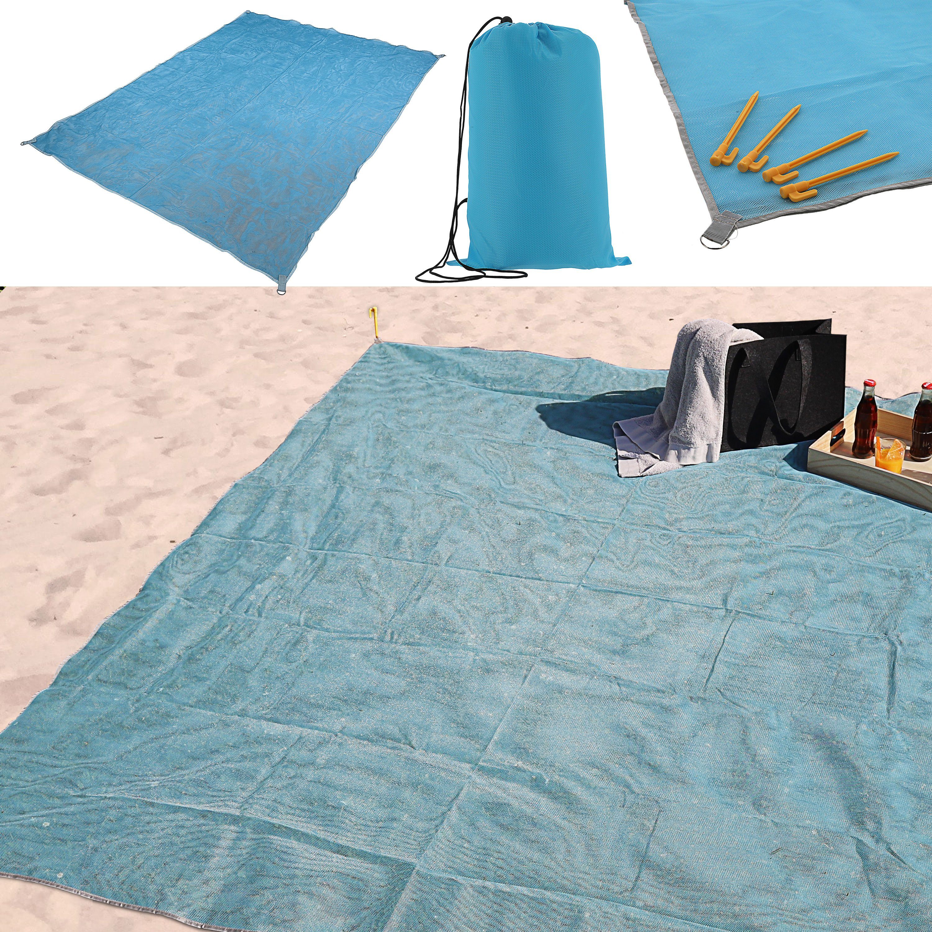 CEPEWA Strandtuch Stranddecke sandfrei blau 200x200cm Heringe Beutel