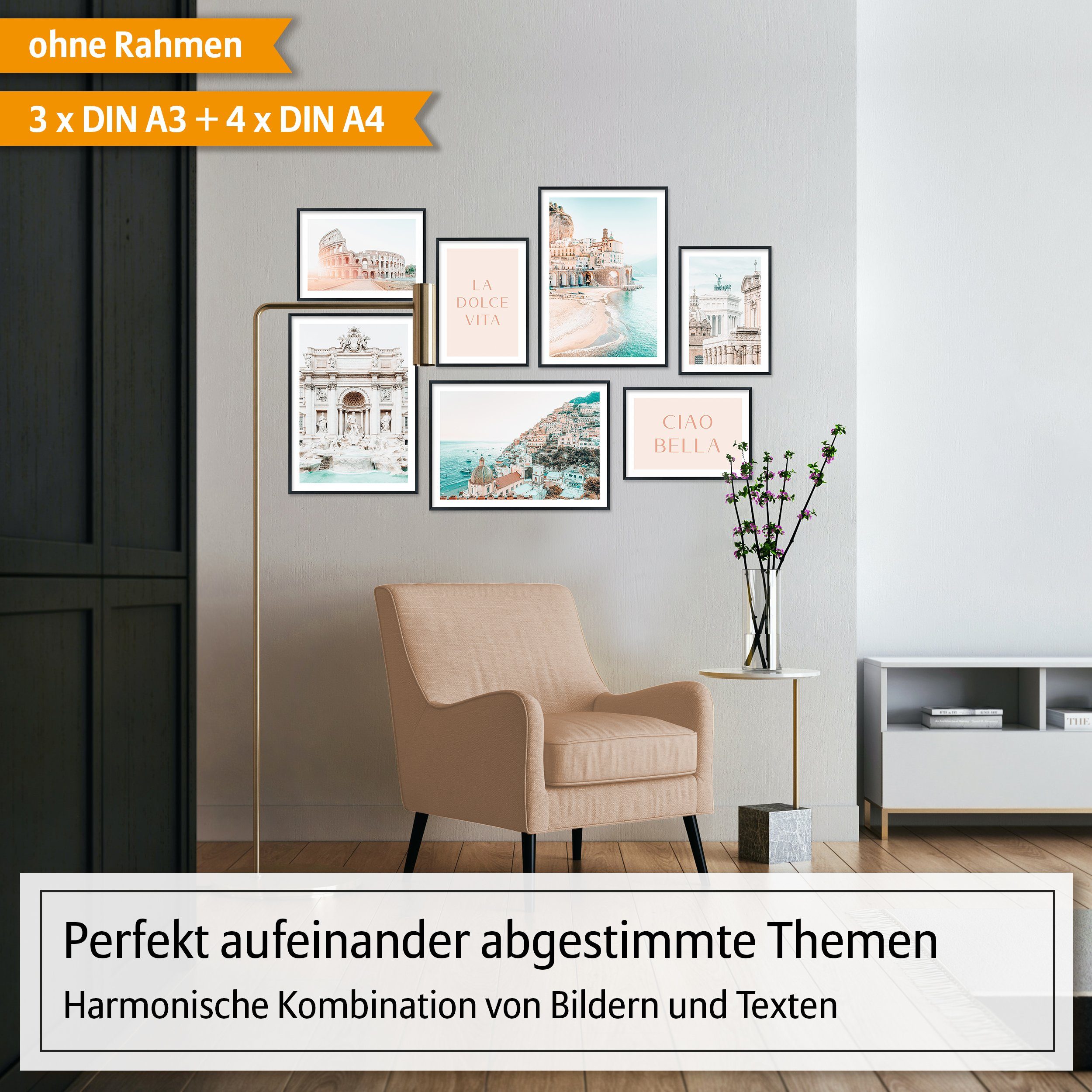Hyggelig Home Poster La Dolce Vita, Premium Poster Set OHNE & MIT Rahmen - Wandbild Italien, Stadt (Set, 7 St), Collage Rom, Qualitätsdruck auf dickem Papier