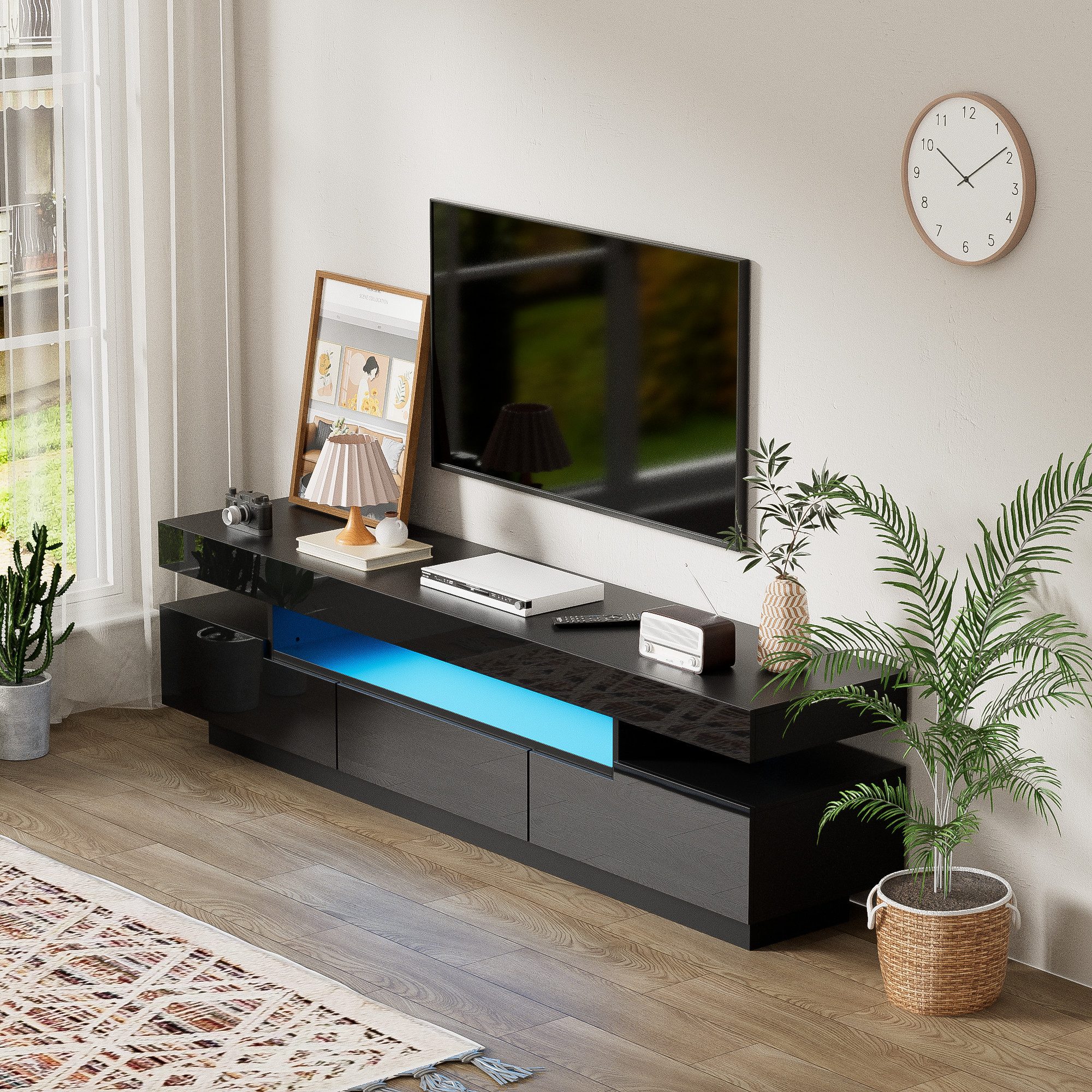 NMonet Lowboard TV-Schrank Fernsehtisch Breite 160 cm, mit Schublade und Klapptüren, Hochglanz, LED-Beleuchtung