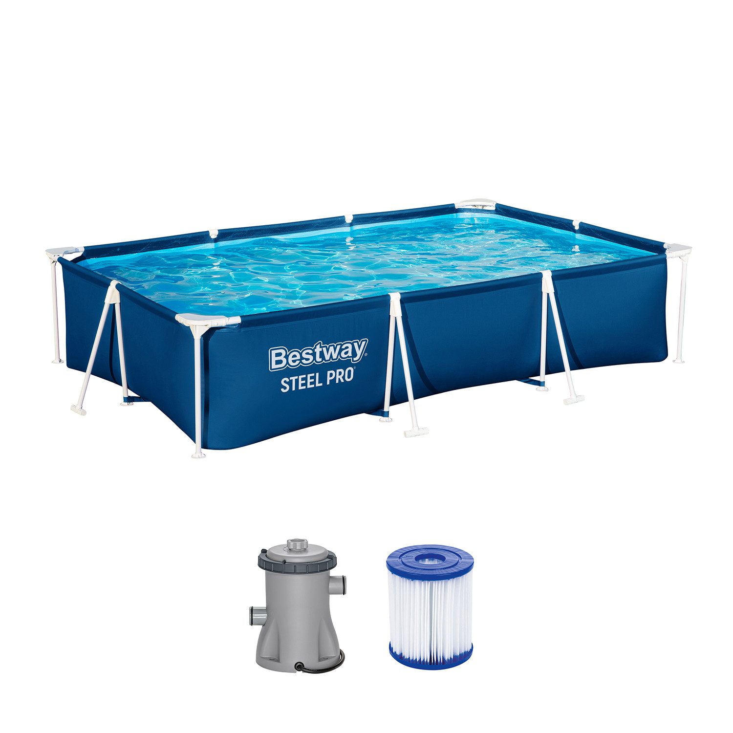 Bestway Framepool Steel Pro™ Frame Pool Set mit Filterpumpe 300 x 201 x 66 cm, dunkelbla