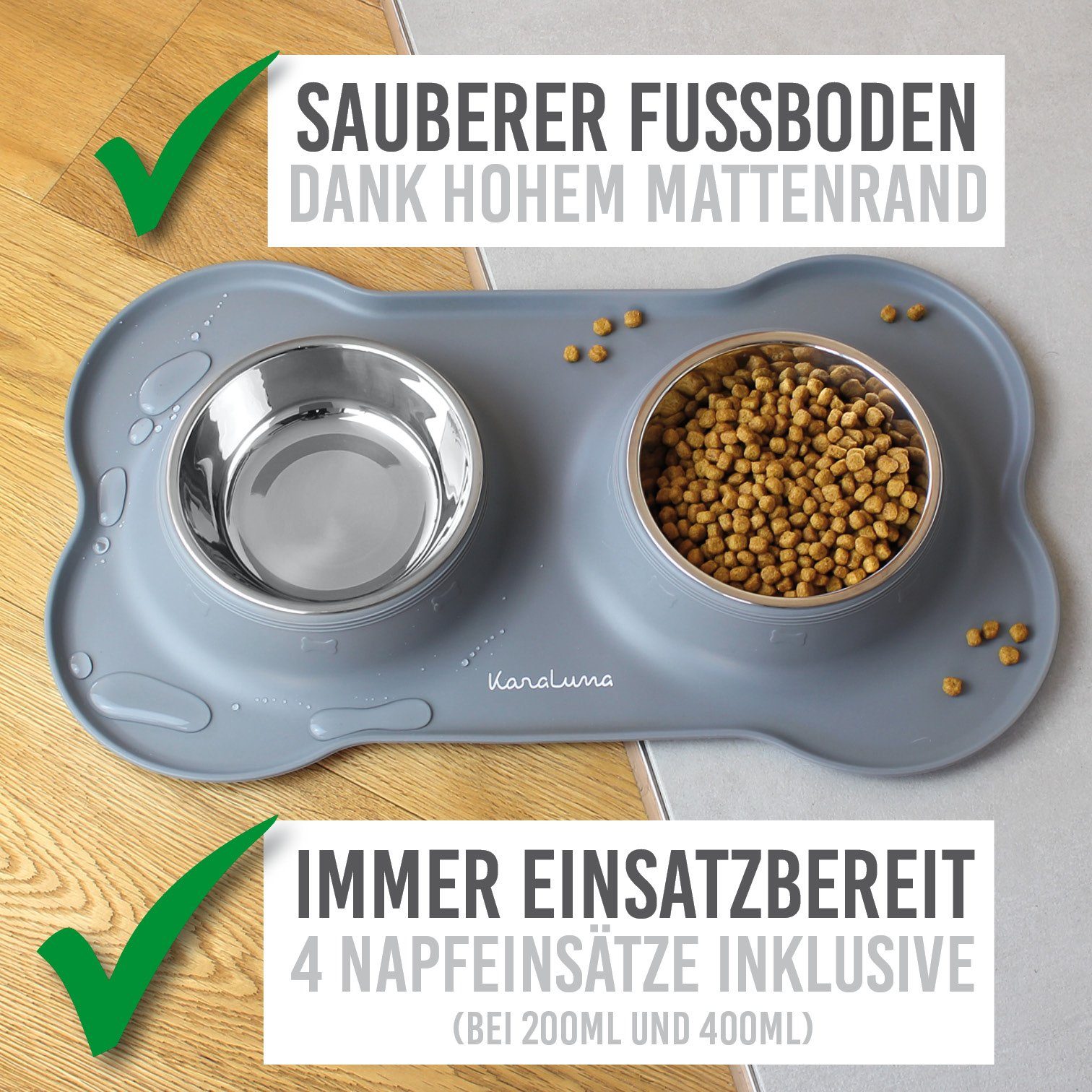 KaraLuna Futternapf Silikon Napfunterlage mit Edelstahl Näpfen I Hundenapf Katzennapf, Edelstahl