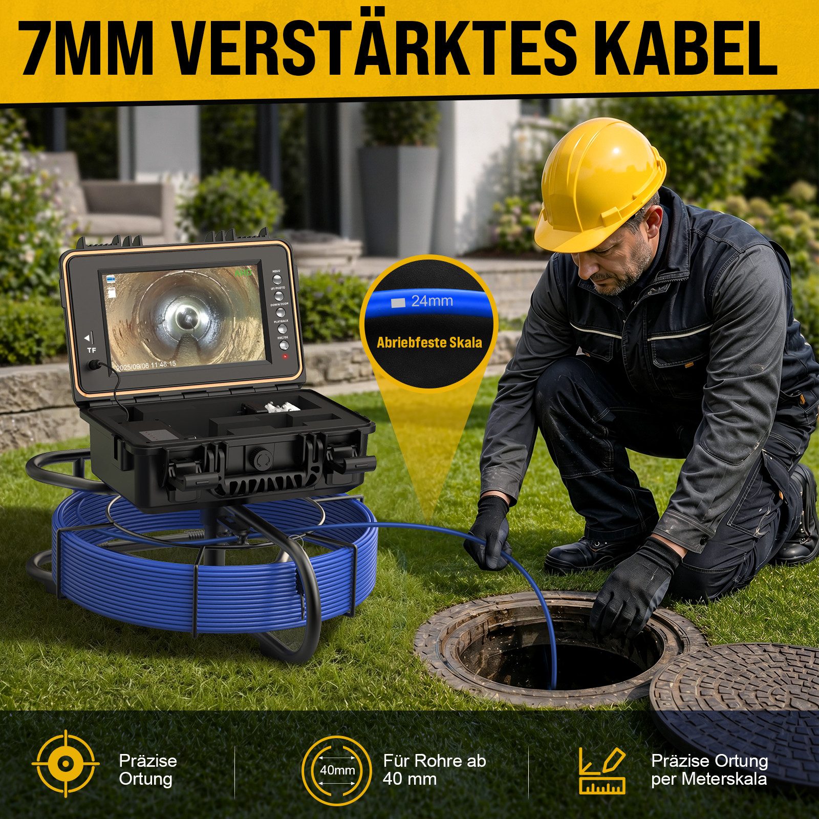 ANYSUN Selbstnivellierende 1080P Endoskopkamera mit 9-Zoll IPS-Bildschirm Inspektionskamera (HD, Endoskop, Ladegerat, Anschlusskabel, mit Selbstnivellierung & 5100mAh wiederaufladbarer Batterie)