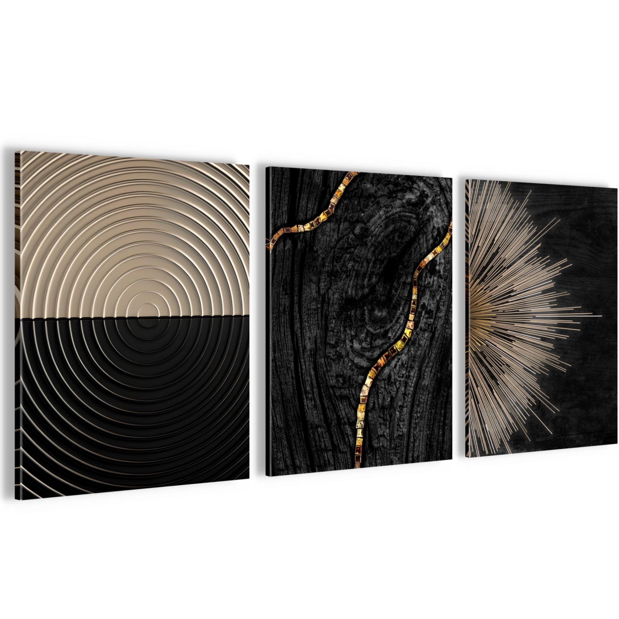 Novart Wandbild Schwarz Gold Abstrakte Kunst Formen Wohnzimmer, (3 St)