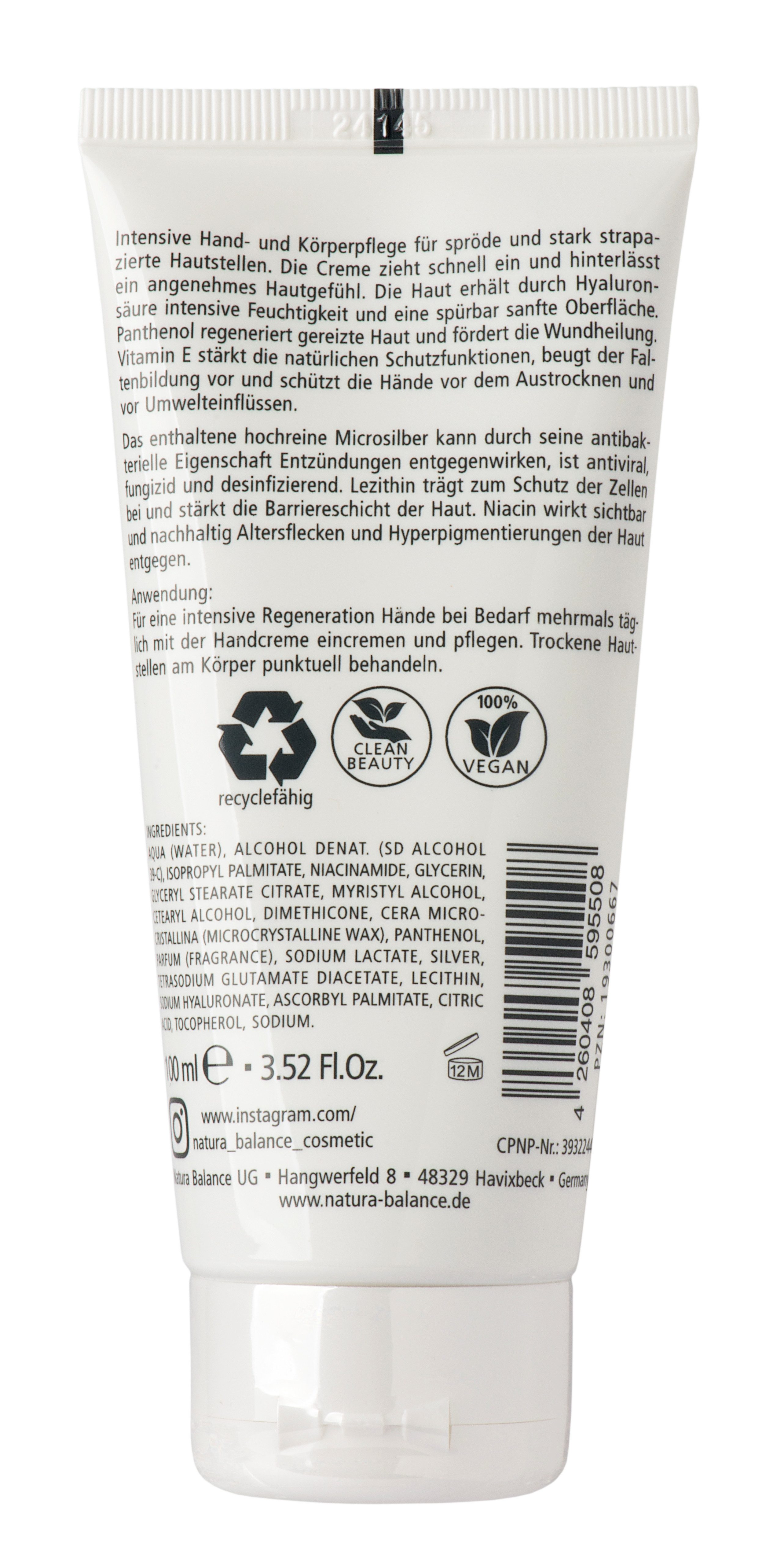 Natura Balance Handcreme 100ml Handcreme Microsilber + Hyaluron Microsilver Hyaluronsäure Creme, Handcreme mit hochreinem Mikrosilber