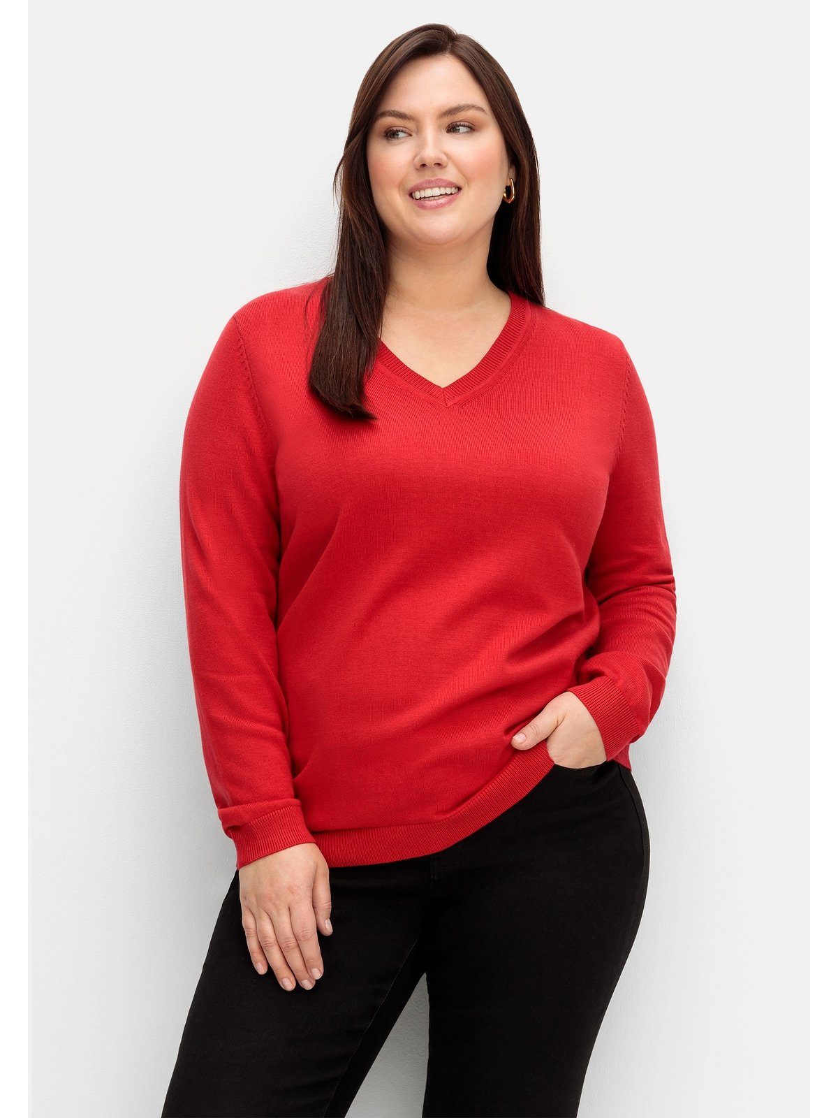 Sheego V-Ausschnitt-Pullover Große Größen aus Feinstrick mohnrot