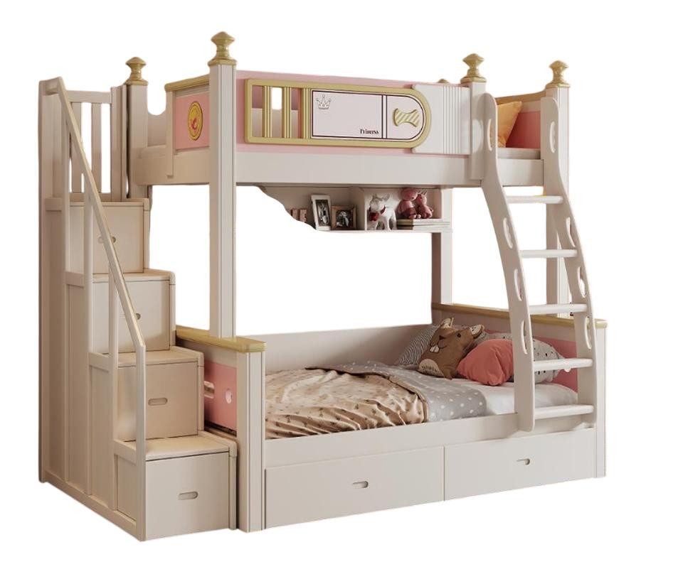 Etagenbett Weißes Holz-Hochbett für Kinder mit sicherer Leiter und Geländer