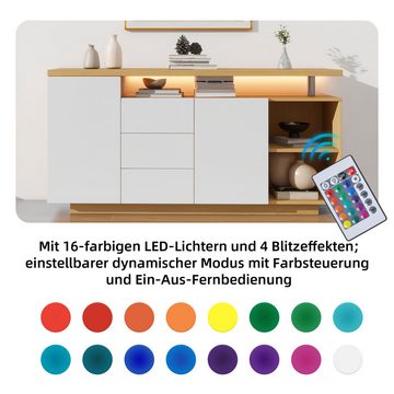 Gotagee Sideboard Sideboard Weiß und Holzimitat Schließfach Beistellschrank mit LED