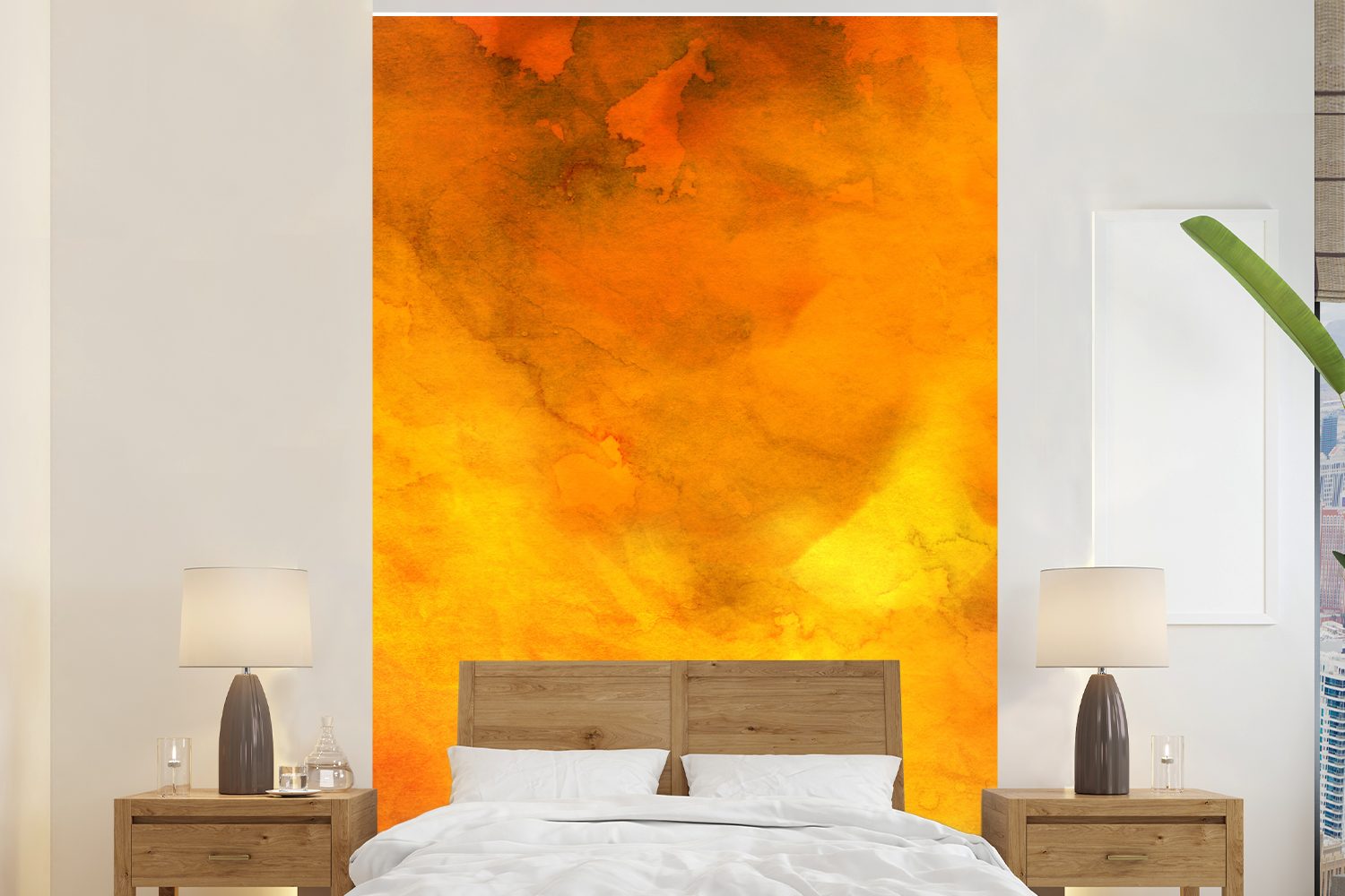 MuchoWow Fototapete Aquarell - Abstrakt - Orange, Matt, bedruckt, (3 St), Montagefertig Vinyl Tapete für Wohnzimmer, Wandtapete