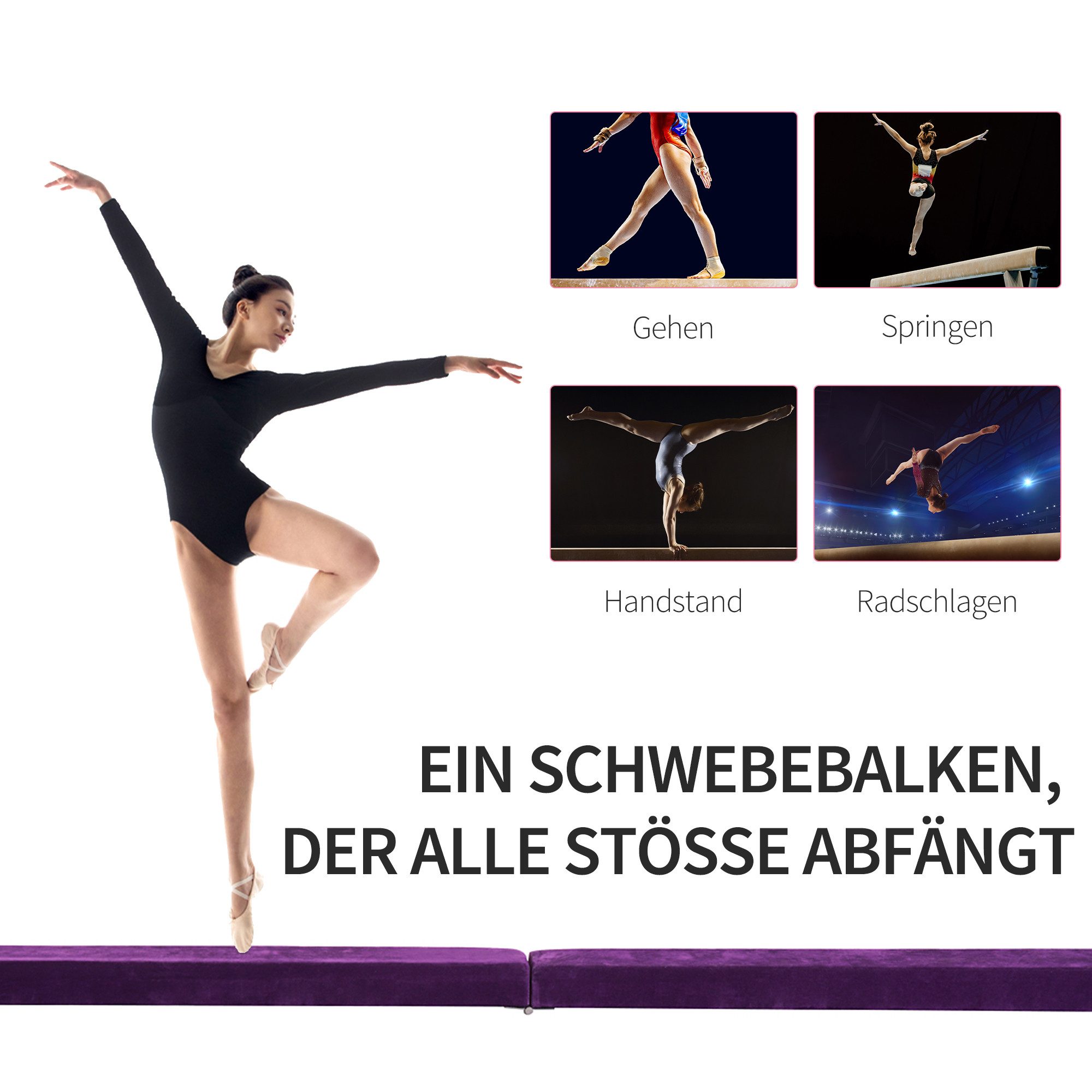 HOMCOM Balancetrainer 210 cm Schwebebalken klappbar Turnbalken Indoor Outdoor, bis 120 kg, 210 x 10 x 6,5 cm, Violett