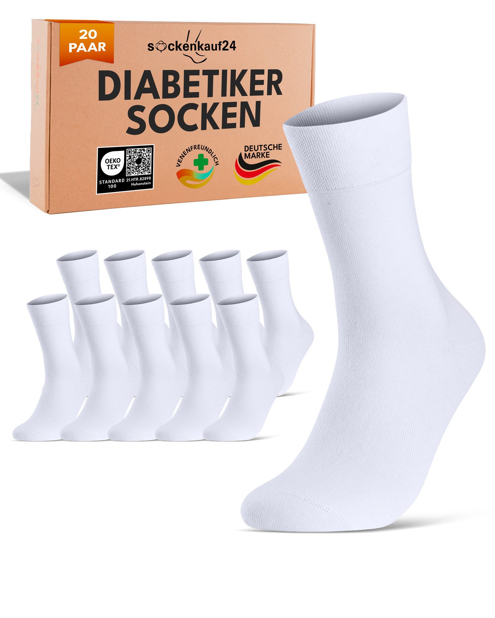 sockenkauf24 Diabetikersocken ohne Gummibund & ohne Naht aus Baumwolle (20-Paar) Diabetiker Socken mit Komfortbund ohne Gummi für Damen & Herren