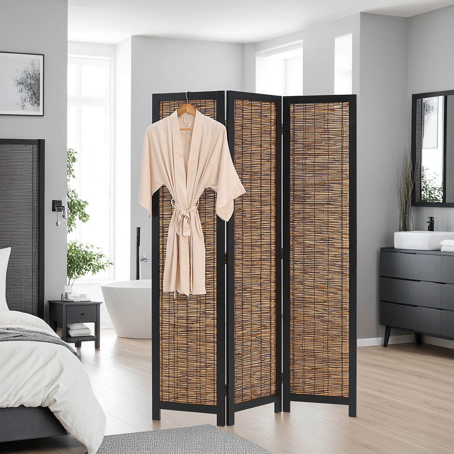 Homestyle4u Paravent Raumteiler Indoor Holz Trennwand Schwarz Sichtschutz faltbar Weide (3-teilig), Trennwand, 3-teilig