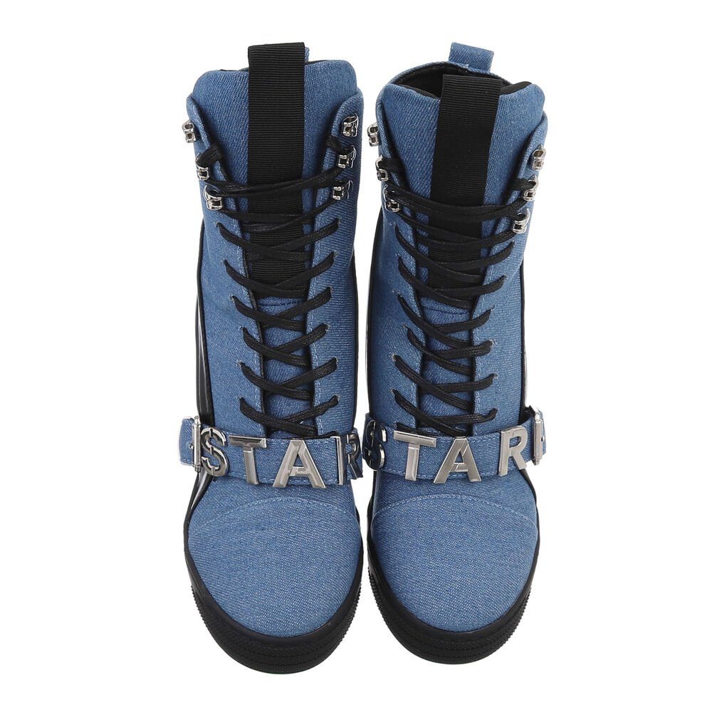 Ital-Design Damen Freizeit Schnürstiefelette Keilabsatz/Wedge High-Heel Stiefeletten in Blau