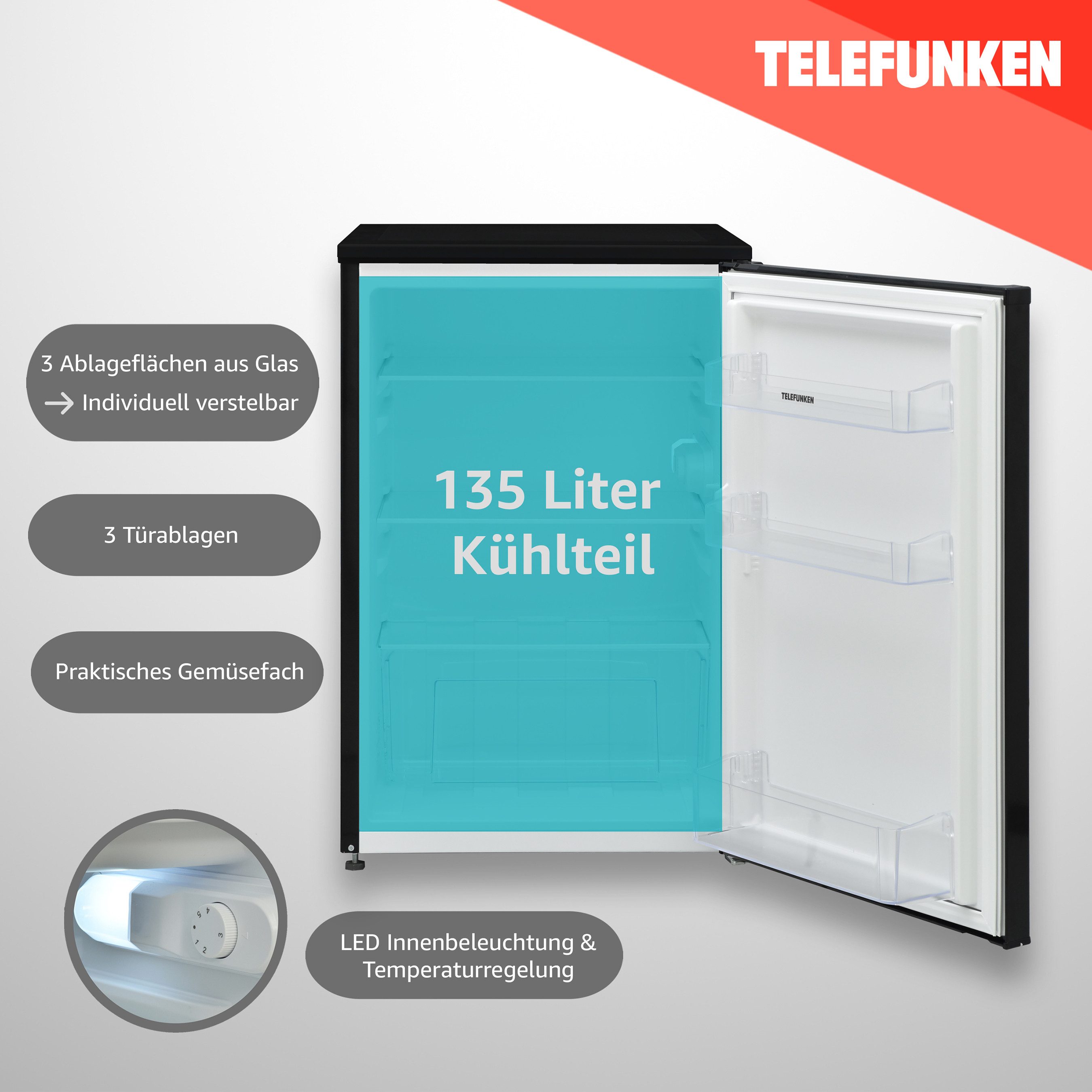 Telefunken Kühlschrank C-135-100-DI, 83.8 cm hoch, 54 cm breit, 135 Liter Nutzinhalt, ohne Gefrierfach, klein, freistehend, dark inox – Bild 3 von 5