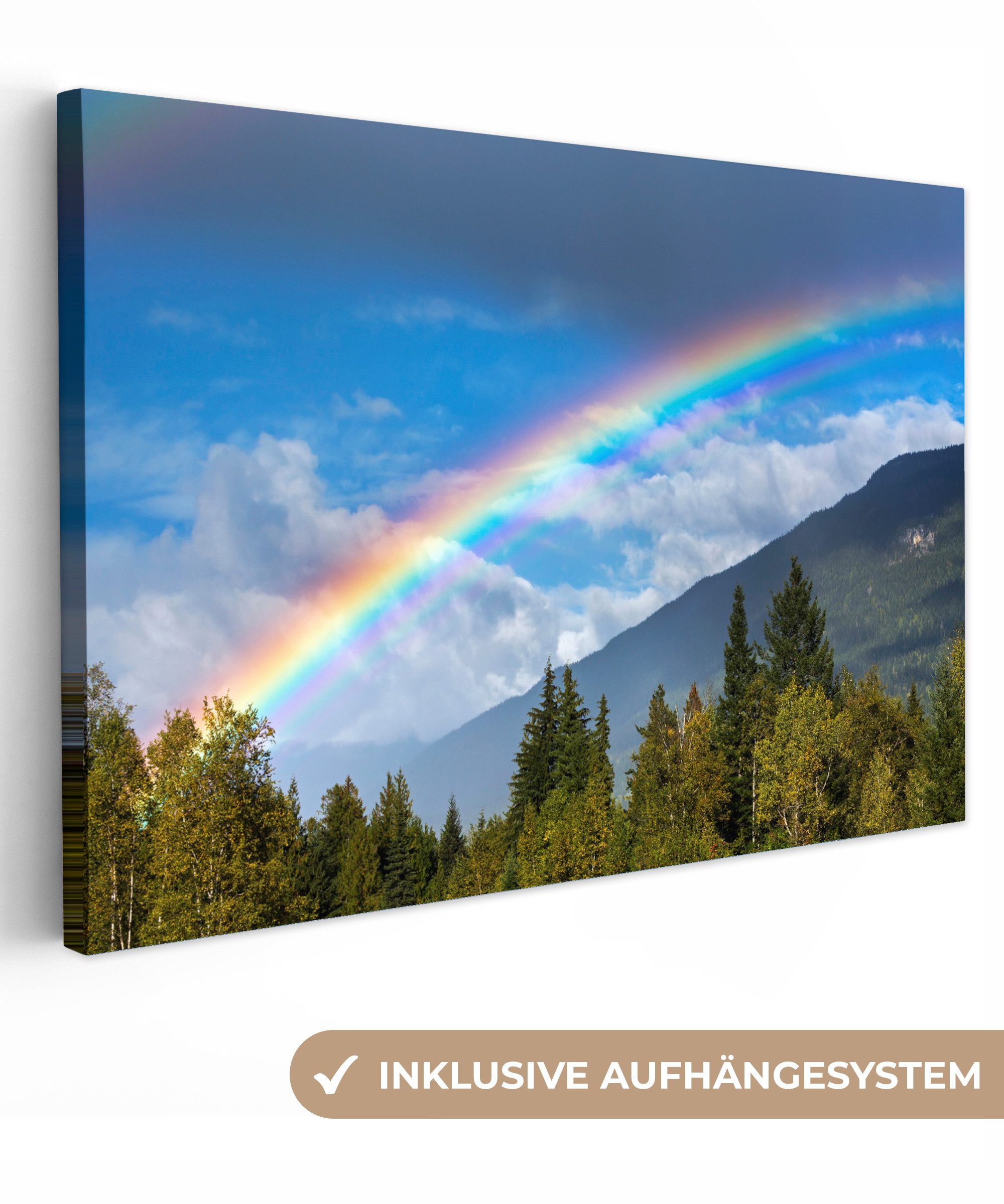 OneMillionCanvasses® Leinwandbild Ein klarer Regenbogen über den Bergen, Fotodruck (1 St), Leinwand Bilder Klein, Wand Dekoration Aesthetic 30x20 cm