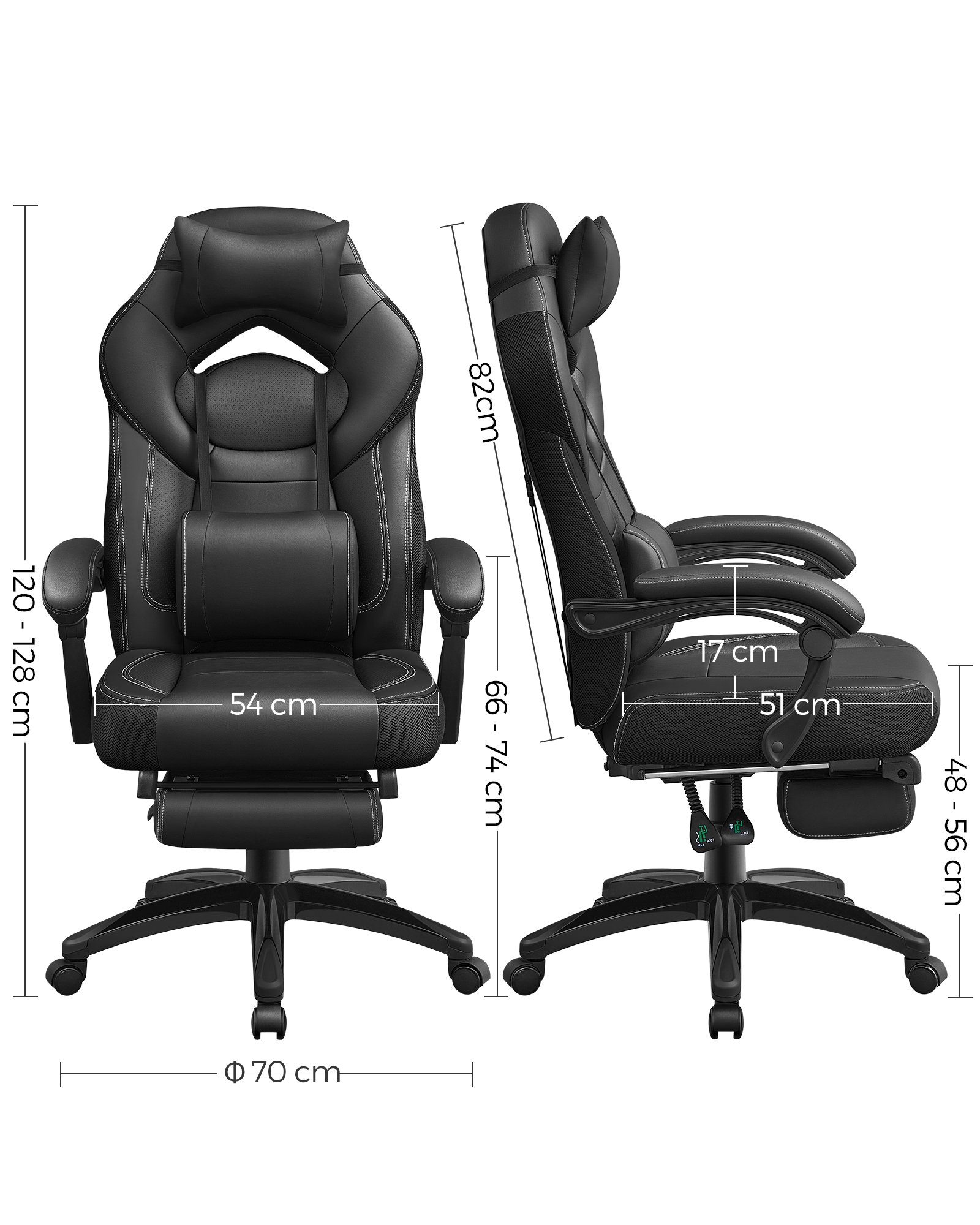höhenverstellbar, Home-Office SONGMICS Bürostuhl, Gaming-Stuhl, schwarz