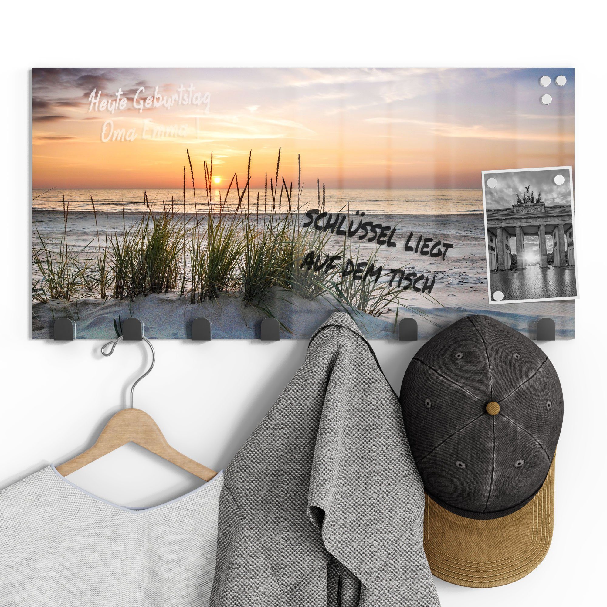 DEQORI Kleiderhaken 'Sonnenuntergang Paneel am Strand', magnetisch Glas beschreibbar Garderobe
