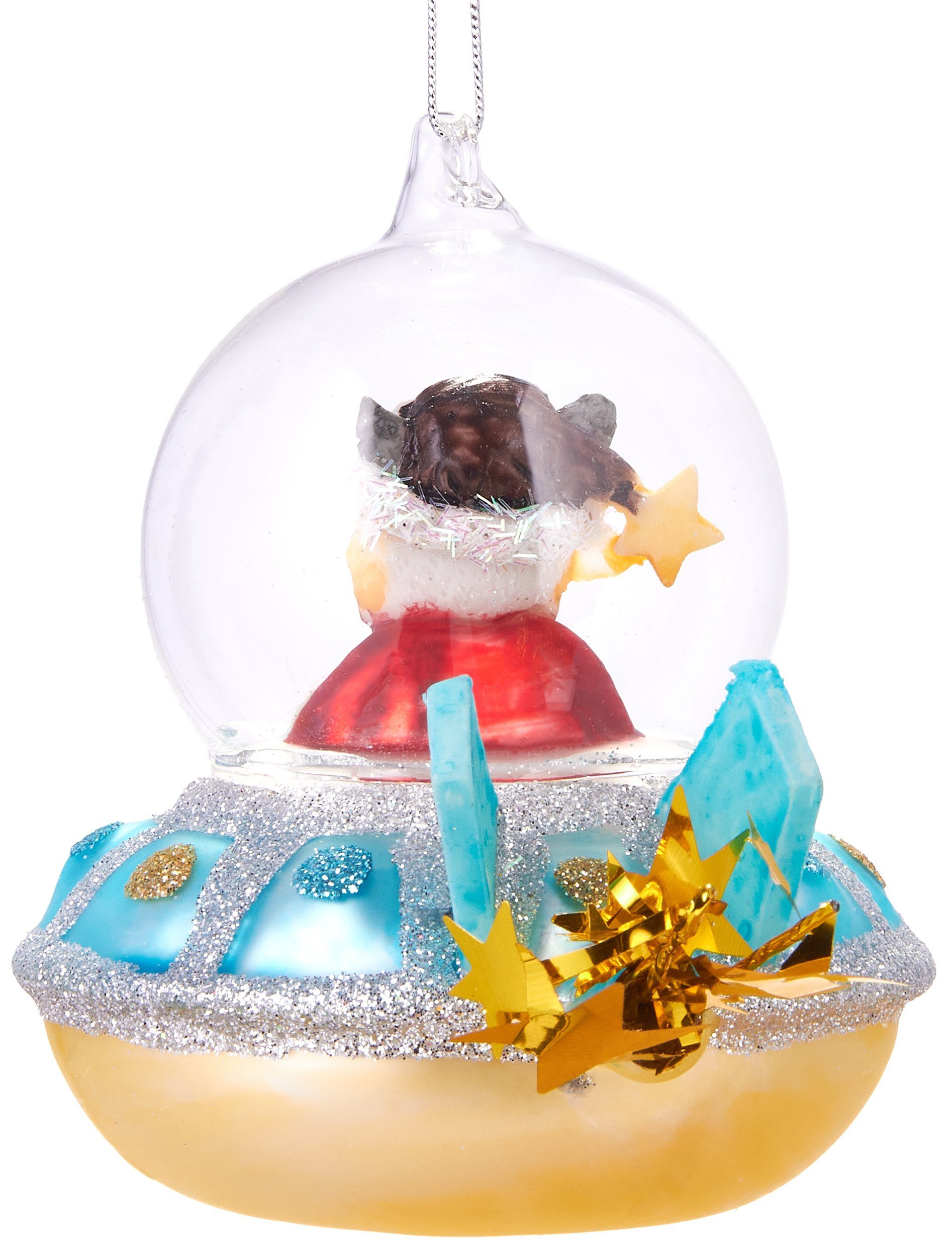 BRUBAKER Christbaumschmuck Mundgeblasene Baumkugel Hund in blauem UFO, Weihnachtsschmuck Anhänger aus Glas, Lustige Weihnachtskugel