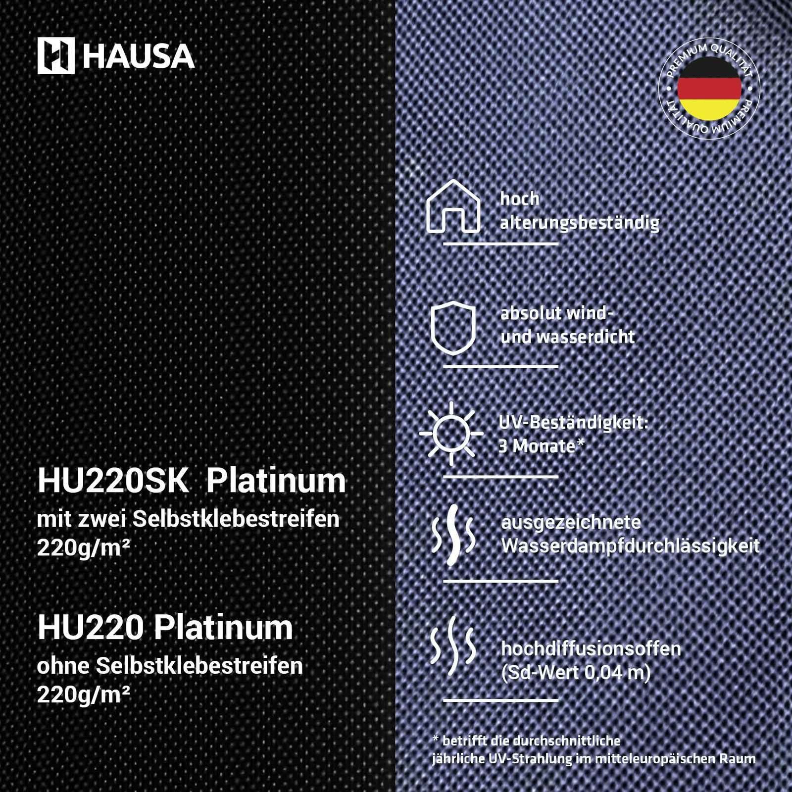 Hausa Dachbahn Unterspannbahn Platinum HU220, Ohne Selbstklebestreifen, 75 m² pro Paket, (220g/m², 1-St., 1,5m x 50m), flexible dreilagige hochdiffusionsoffene Unterdeckbahn