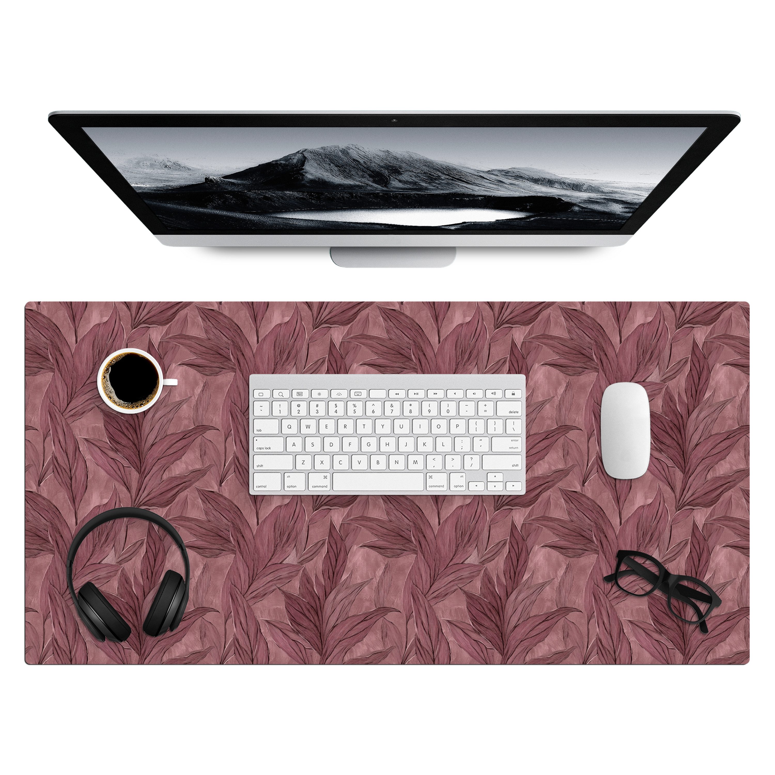 MuchoWow Gaming Mauspad Blätter - Muster - Lila (1-St), Gaming Mauspad XXL, Schreibtischunterlage, Desk Mat Groß, 80x40 cm