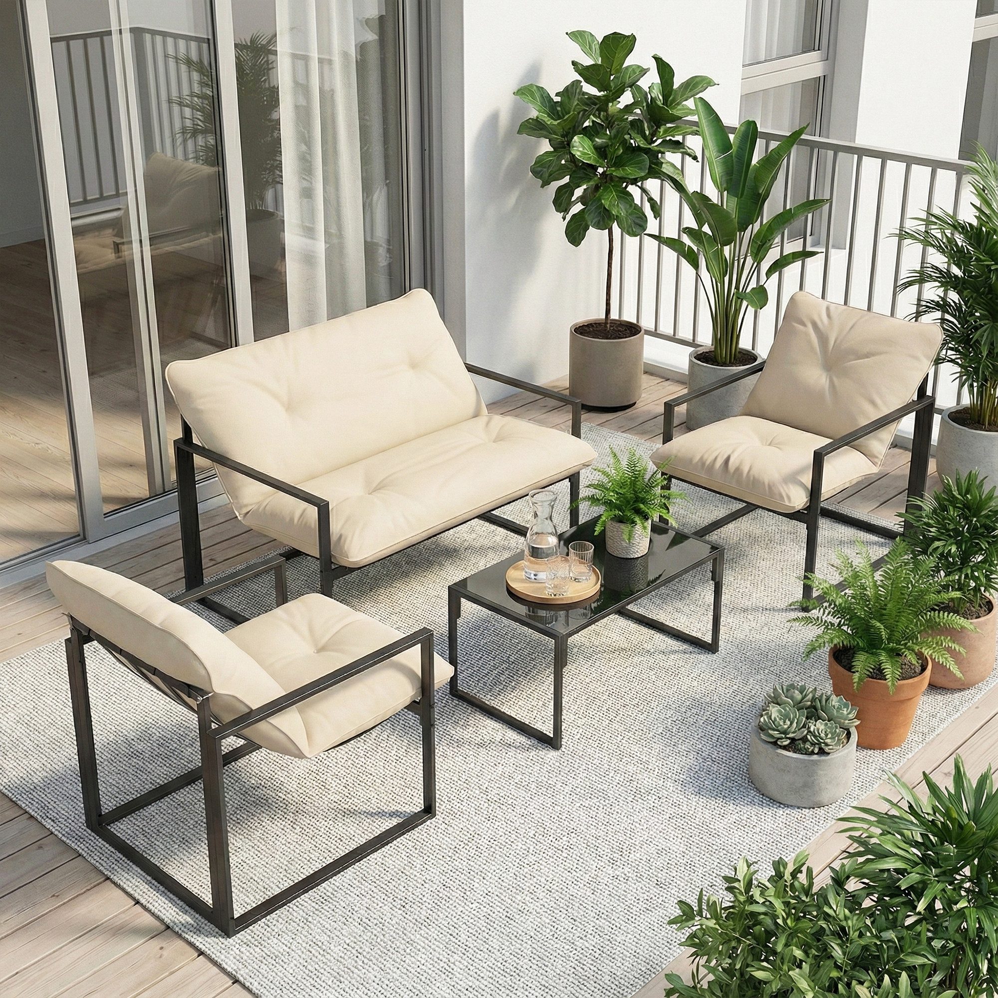 Outsunny Sitzgruppe 4 Personen, mit 2er Sofa, Sessel, Glastisch, Sitzkissen, (Dining Set, 4-tlg., Gartenmöbel-Set), mit Auflagen