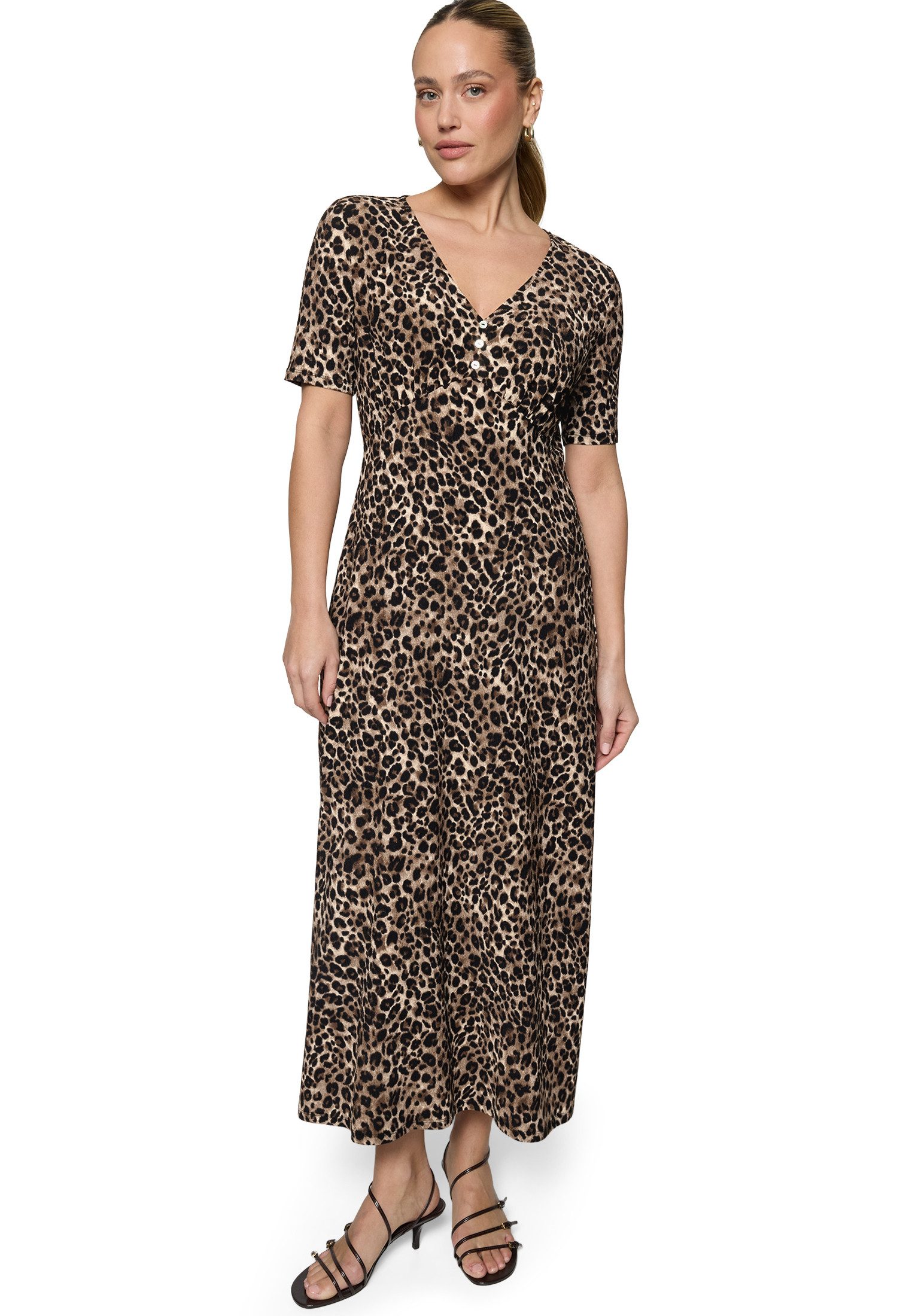 Zero Maxikleid Damen kurzarm mit Leoprint Raffung