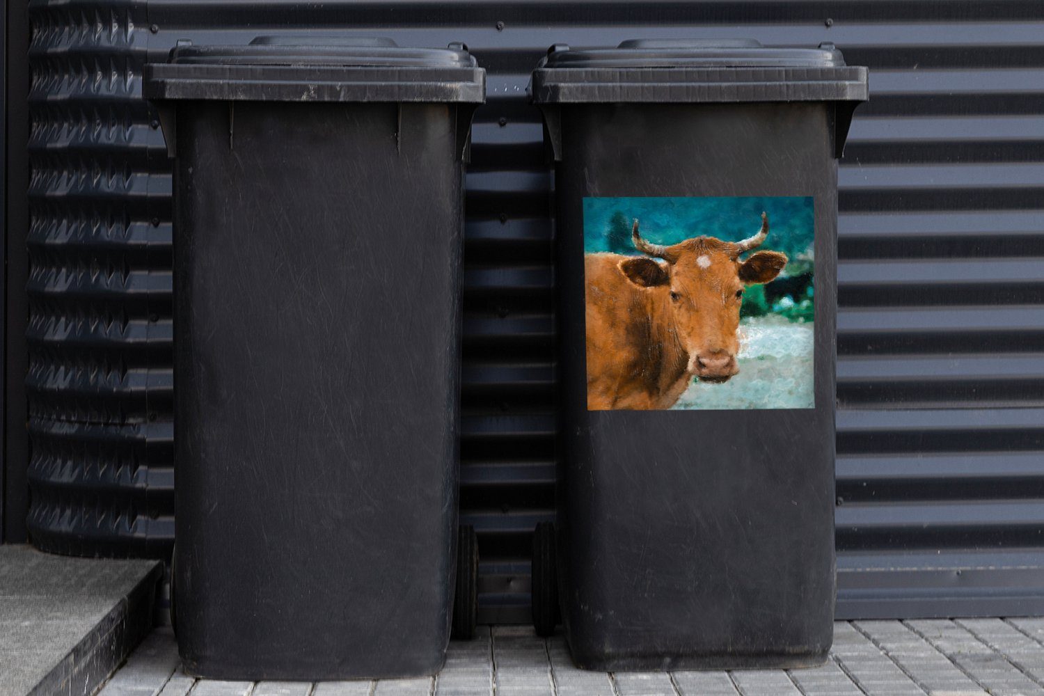 Abfalbehälter Wandsticker (1 Container, - Mülleimer-aufkleber, St), Zeichnung MuchoWow Mülltonne, Sticker, Kuh - Braun