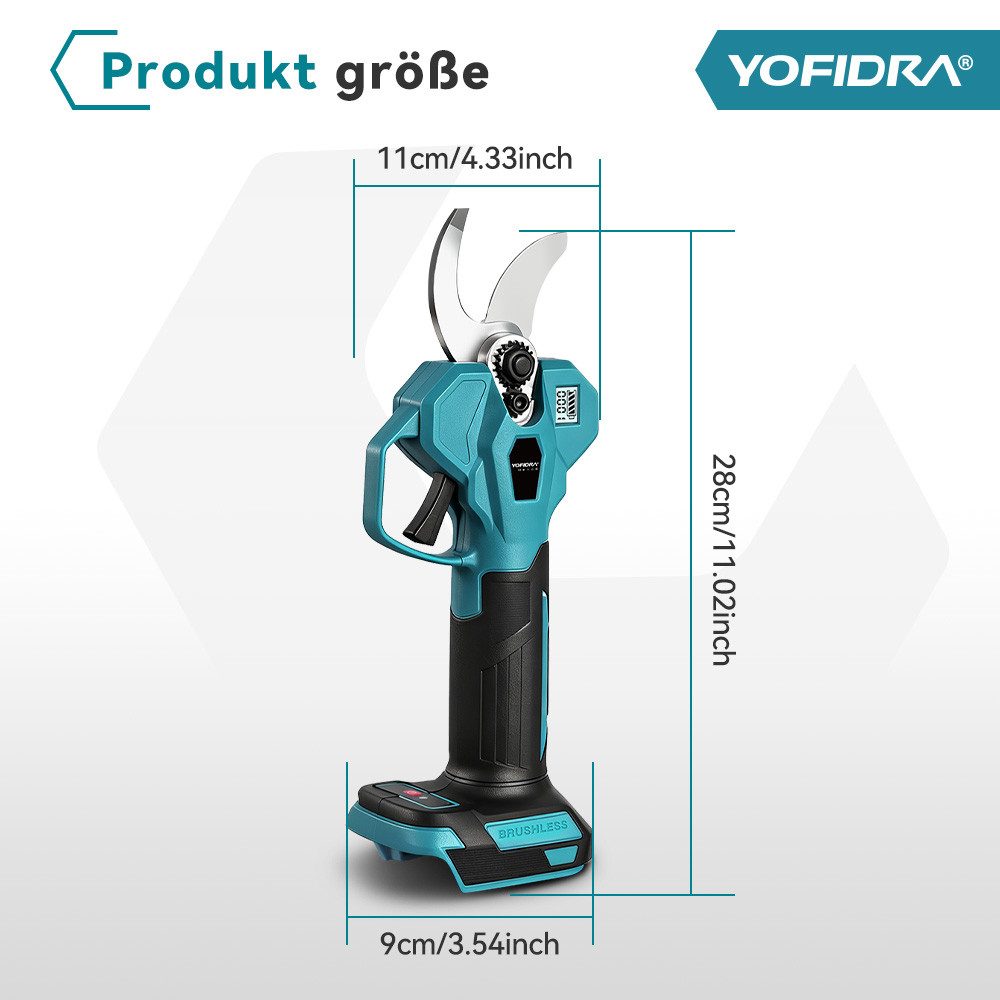 Yofidra Akku-Astschere 28mm Elektrische Gartenschere Bürstenloser Motor, mit 2x Akkus, 21V Astschere Gartenwerkzeug für Obstbaum & Gartenarbeit