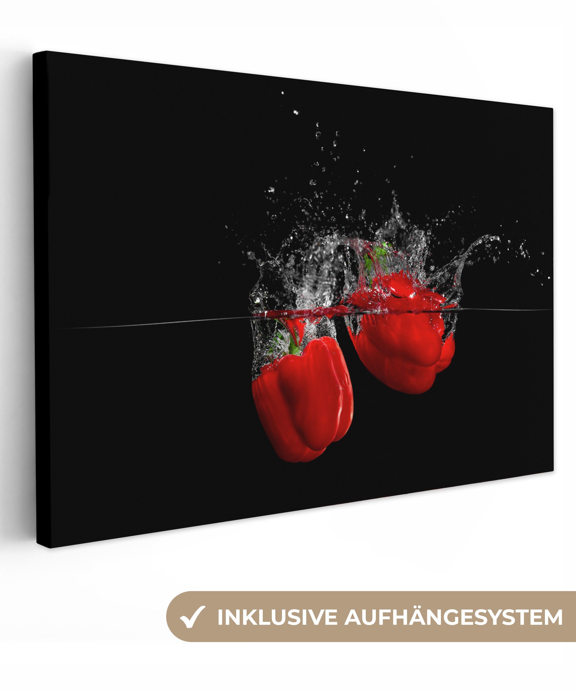 OneMillionCanvasses® Leinwandbild Paprika - Gemüse - Stilleben - Wasser - Rot, Fotodruck (1 St), Wandbilder für Esszimmer, Wanddeko Bilder Küche, 30x20 cm