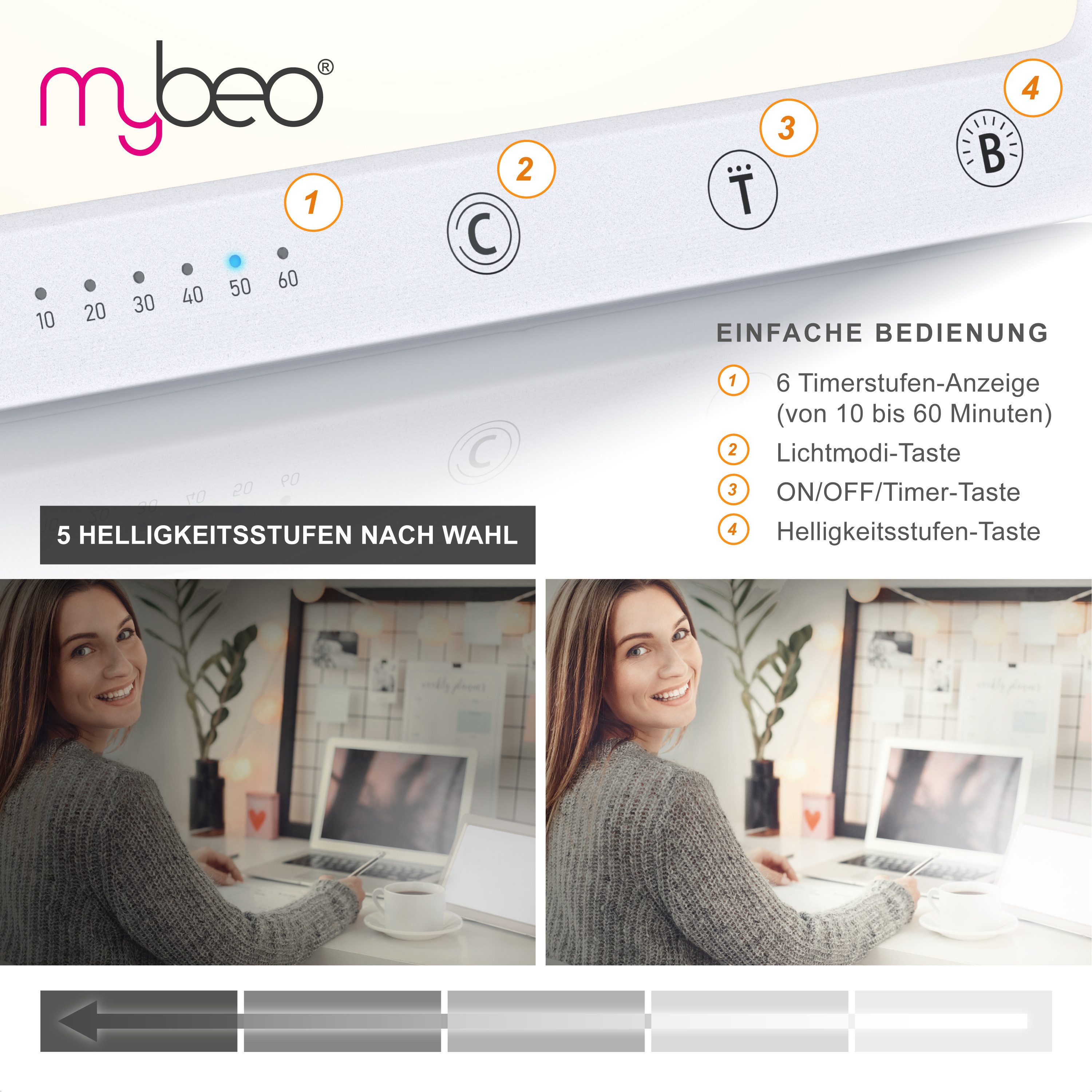 MyBeo Tageslichtlampe LED Lichttherapielampe, Tageslichtleuchte mit Standfuß, Lichttherapie, Dimmfunktion; Timer; verschiedene Lichtmodi, LED fest integriert, Warmweiß bis Kaltweiß, simuliert Tageslicht, 5 Helligkeitsstufen, 3 Lichttemperaturen, Timer