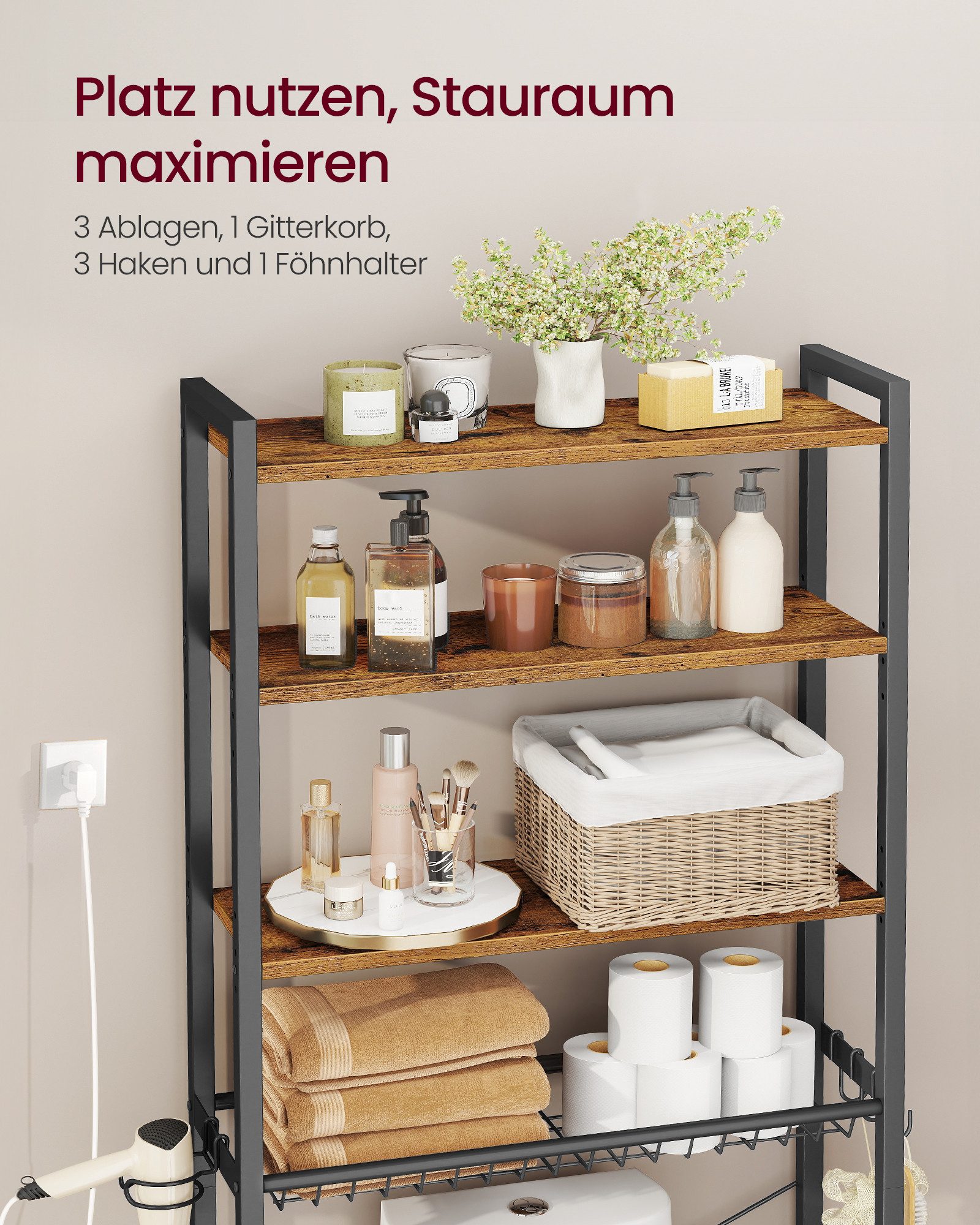 VASAGLE Badregal, Toilettenregal, Badezimmerregal mit verstellbaren Ablagen