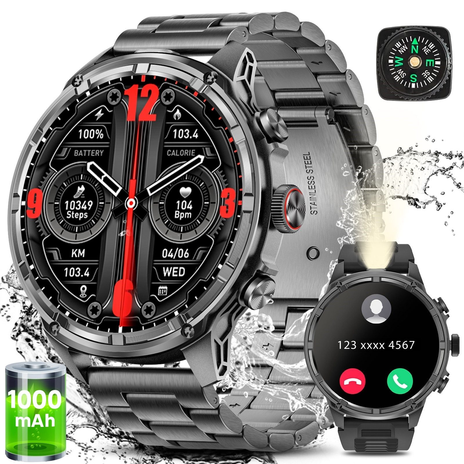 BANLVS 2025 NEW 1000 mAh Smartwatch Herren in Militärqualität 1,85“ AMOLED Smartwatch (3,63 cm/1,85 Zoll, AMOLED) Das perfekte Geschenk für Männer, mit 24/7 Herzfrequenz, Blutdruck, Schlafmonitor, IP68 Wasserdicht/Herzfrequenz/SpO2/Blutdruck/Schlafüberwachung