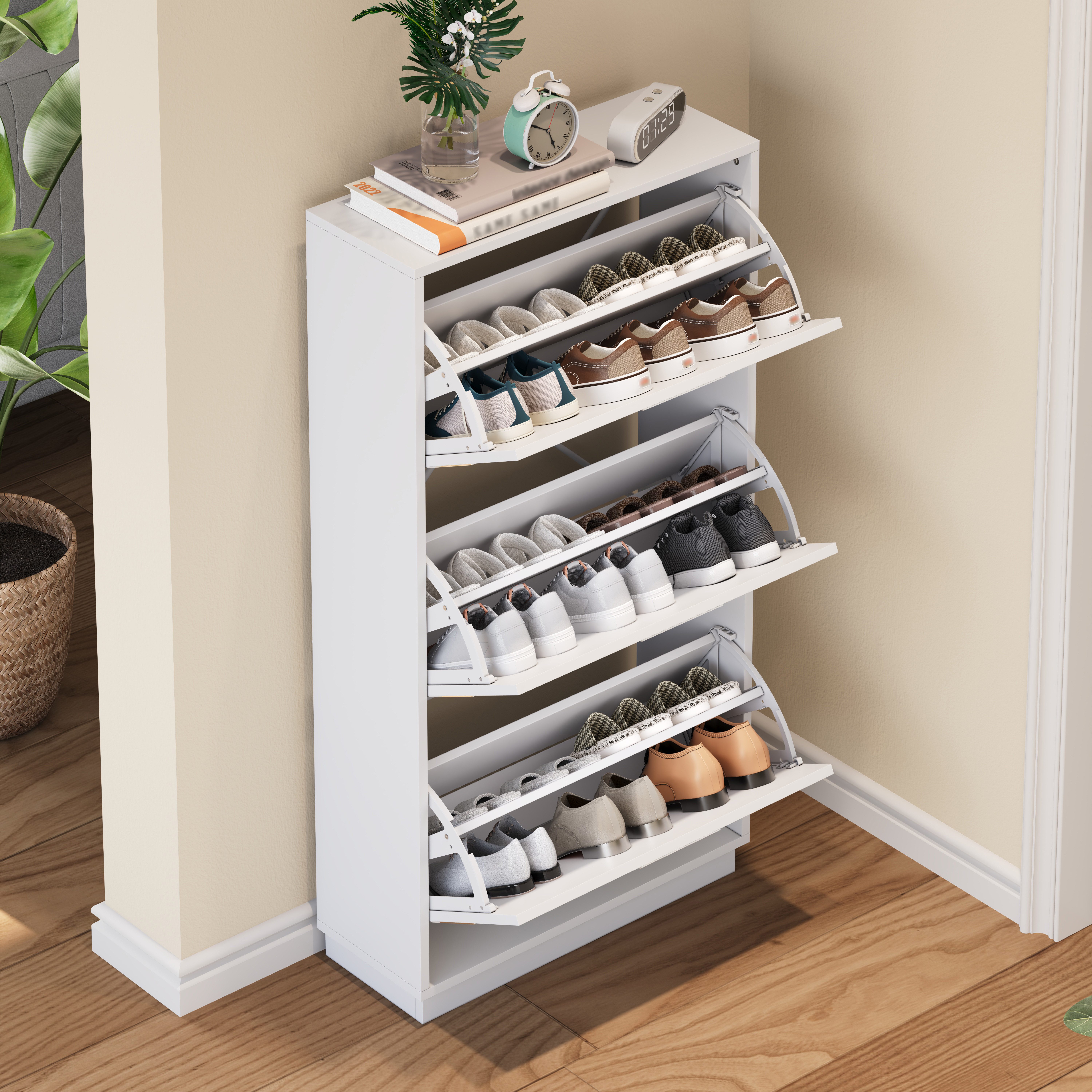 MODFU Schuhschrank Moderner Flurschrank mit rundem Spiegel & großem Stauraum (Packung, 1-St., Einzigartiges Design für einen aufgeräumten Eingangsbereich oder Foyer) 63x120x24 cm in Weiß, 3 Klappen für Schuhe & Zubehör