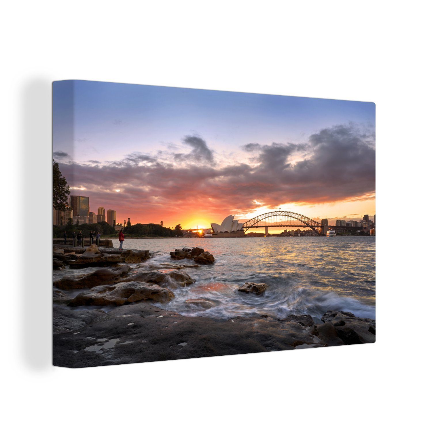 Aufhängefertig, cm Leinwandbilder, Sonnenuntergang Australien, in OneMillionCanvasses® Wanddeko, hinter St), Wandbild (1 Sydney 30x20 Feuriger Leinwandbild